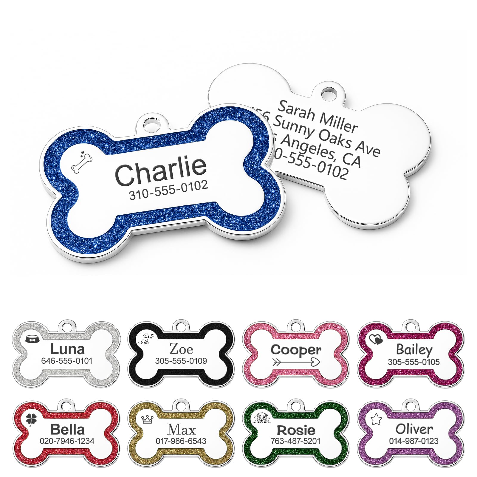 Dog Tags for Pets Engraved UK, Personalised Dog Tag with Any Name & Text, Stainless Steel Glitter Dog Name Tag, ID Tags for Dogs, Pet Tag for Puppy Pet Dogs (Blue L)
