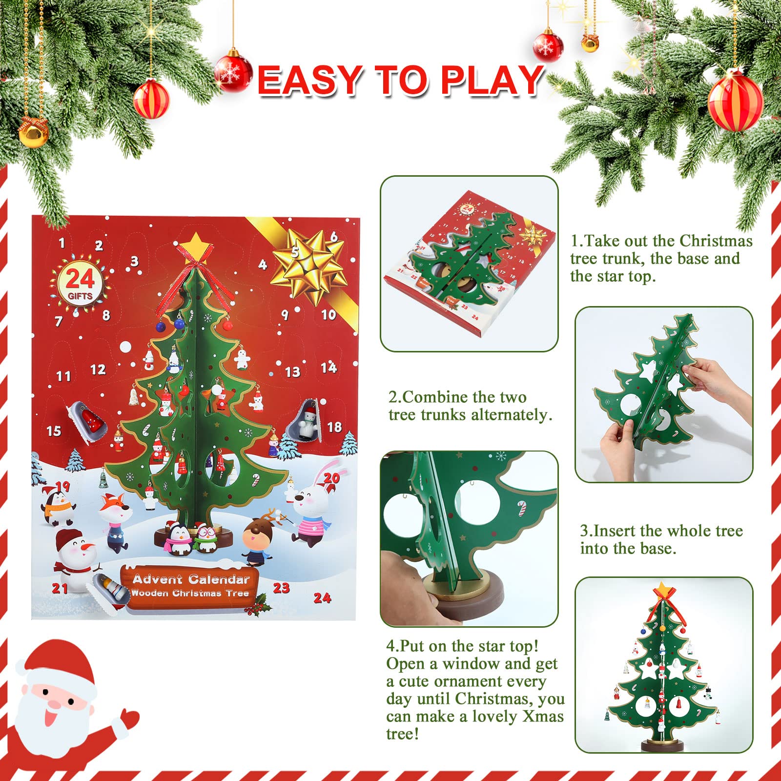 LEMESO Calendario de Adviento Árbol de Navidad Madera 3D con 24 Decoraciones Colgantes 35,5cm
