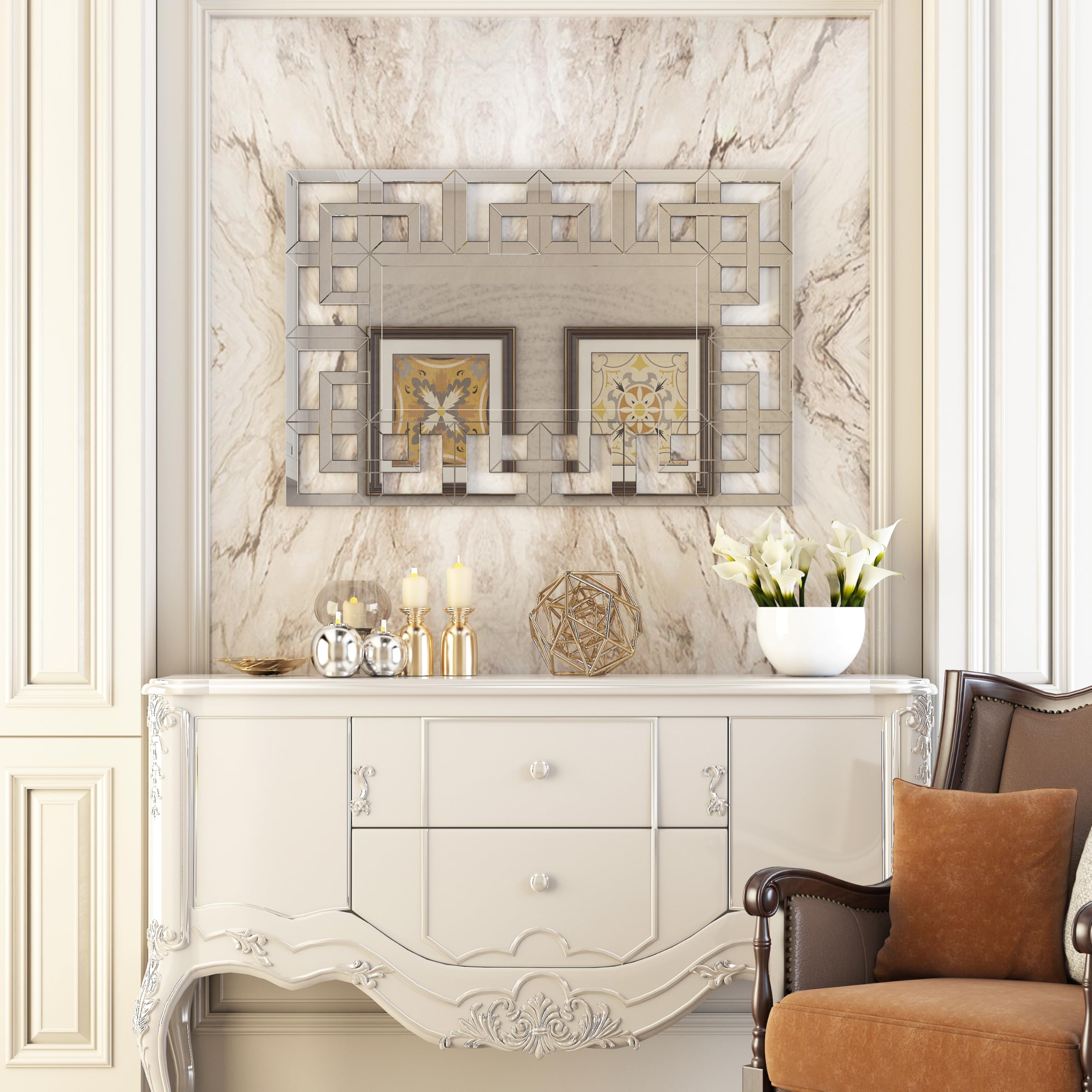 Espejo Pared Biselado Decorativo: 100 x 70cm Espejo Grande Plateado Rectangular Moderno Elegante Artístico Decoración para Entrada Recibidor Salon Comedor
