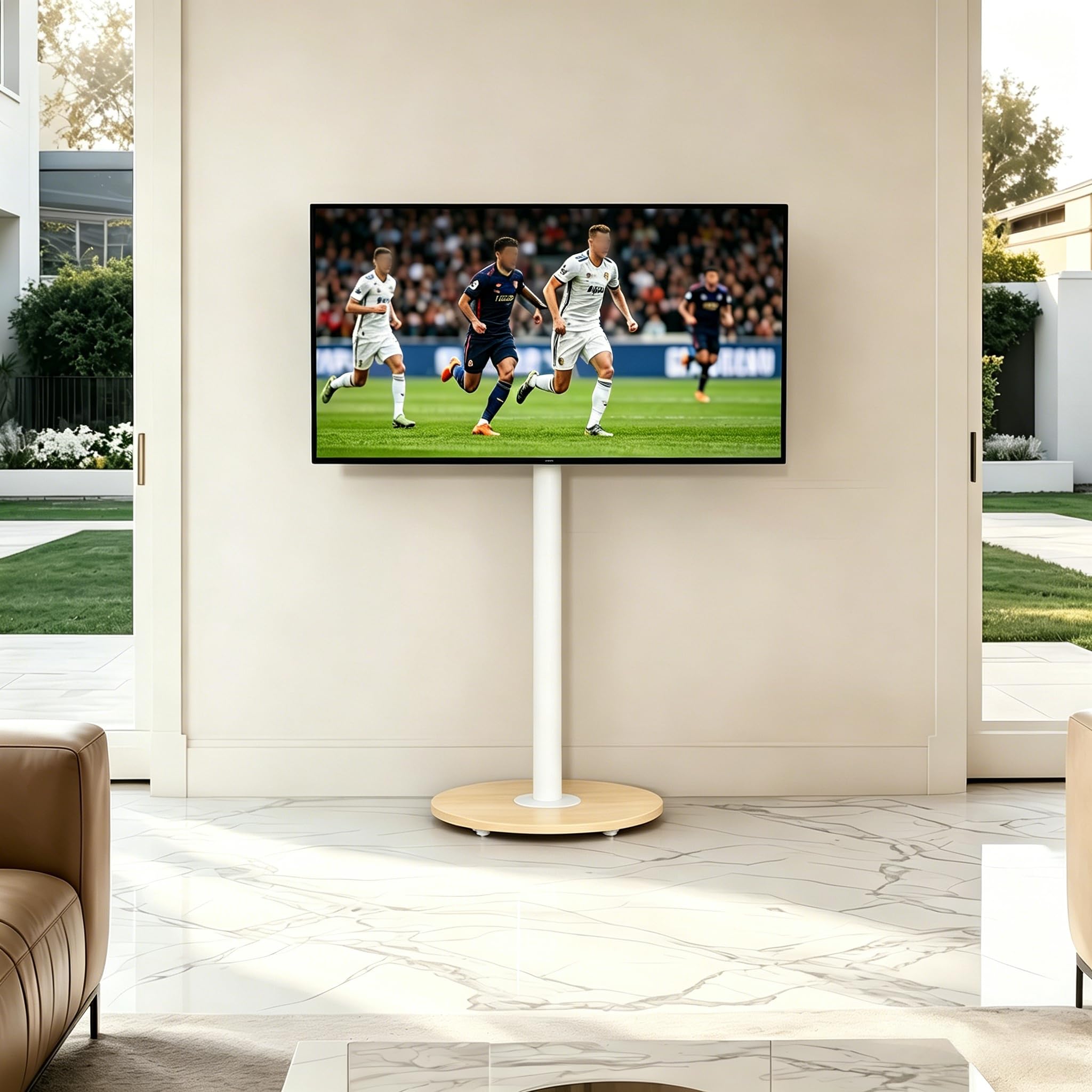 Supporto TV da Pavimento con Ruote Nascoste Legno Base per 40-75 Pollici Peso Max 50kg Max VESA 600x400mm, Regolabile in Altezza, Bianco