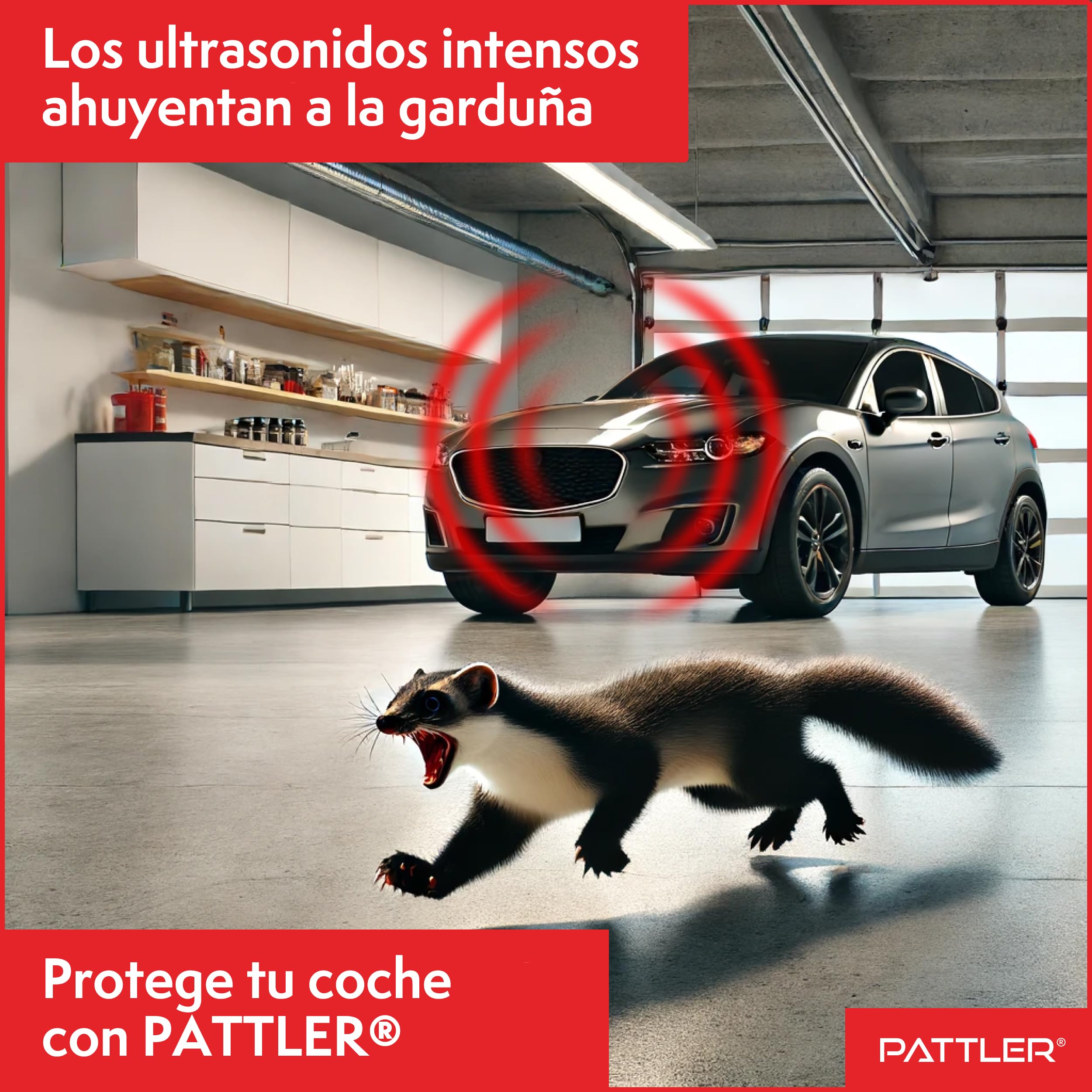PATTLER Ahuyentador de Martas para Coche 12V con Ultrasonido, Protección para el Compartimento del Motor con Instalación Directa a la Batería del Vehículo – 1 Unidad