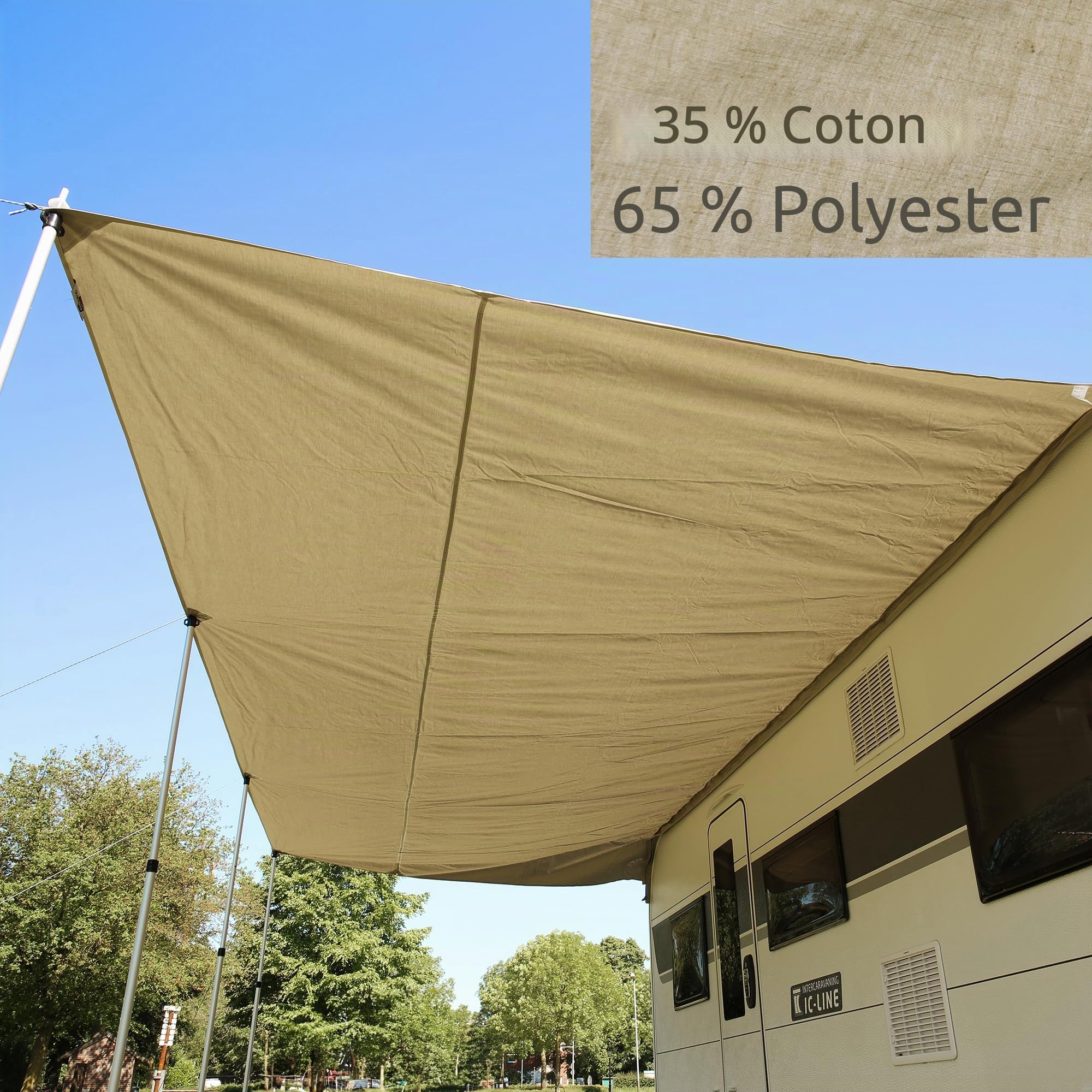 your GEAR Caravan Tarp TC Auvent de caravane - Voile d'ombrage en coton imperméable avec UV 50+, barres télescopiques en aluminium, 5 tailles, beige/sable, 500 x 240 cm