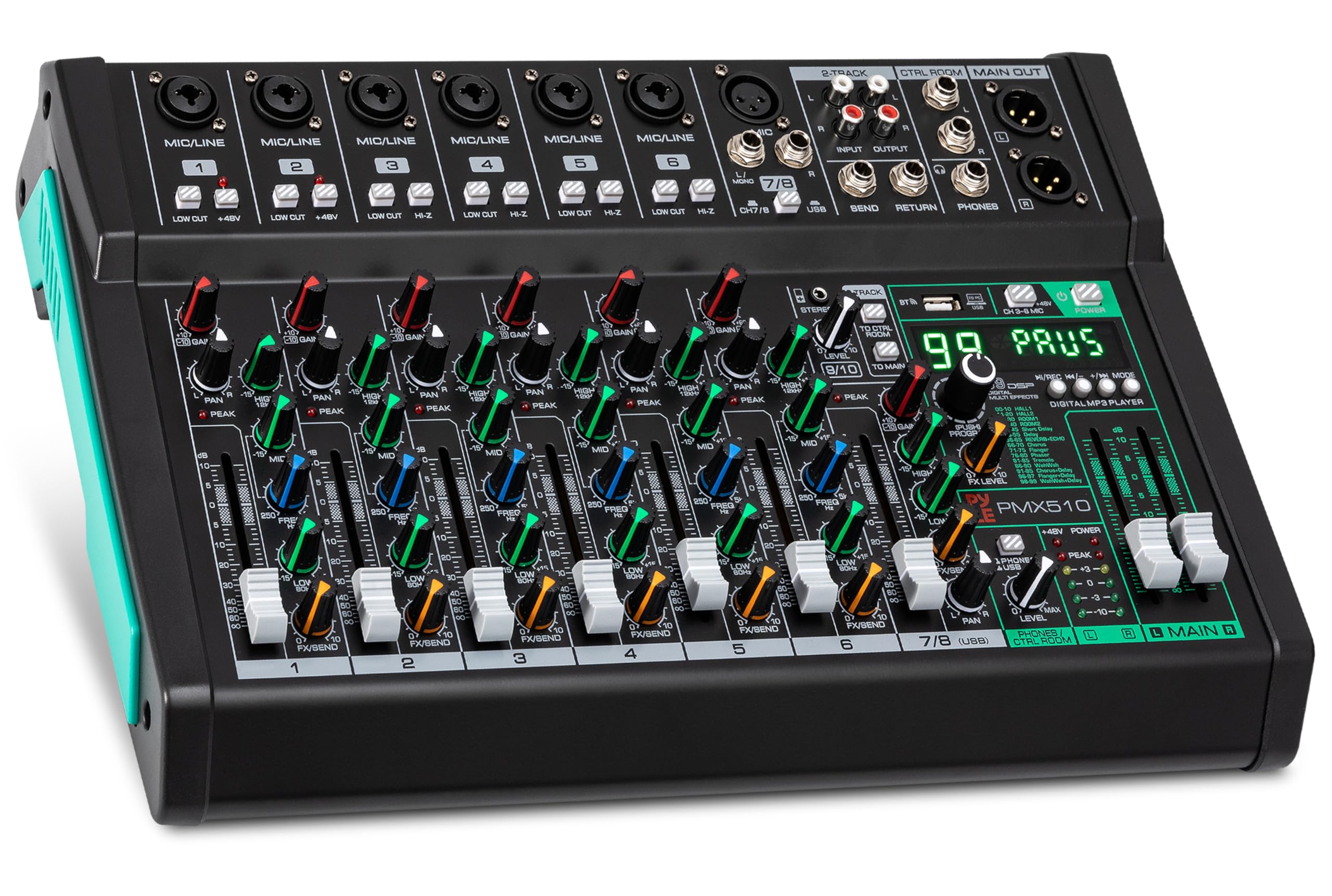 Pyle 10 Channel Audio Mixer - 6 XLR Combo Mic Inputs, Bluetooth Studio Mixer/DJ Controller with DSP Digital Effects, USB-A In with MP3 Player, PC Recording, LED Level Meter, Smooth Dials and Faders