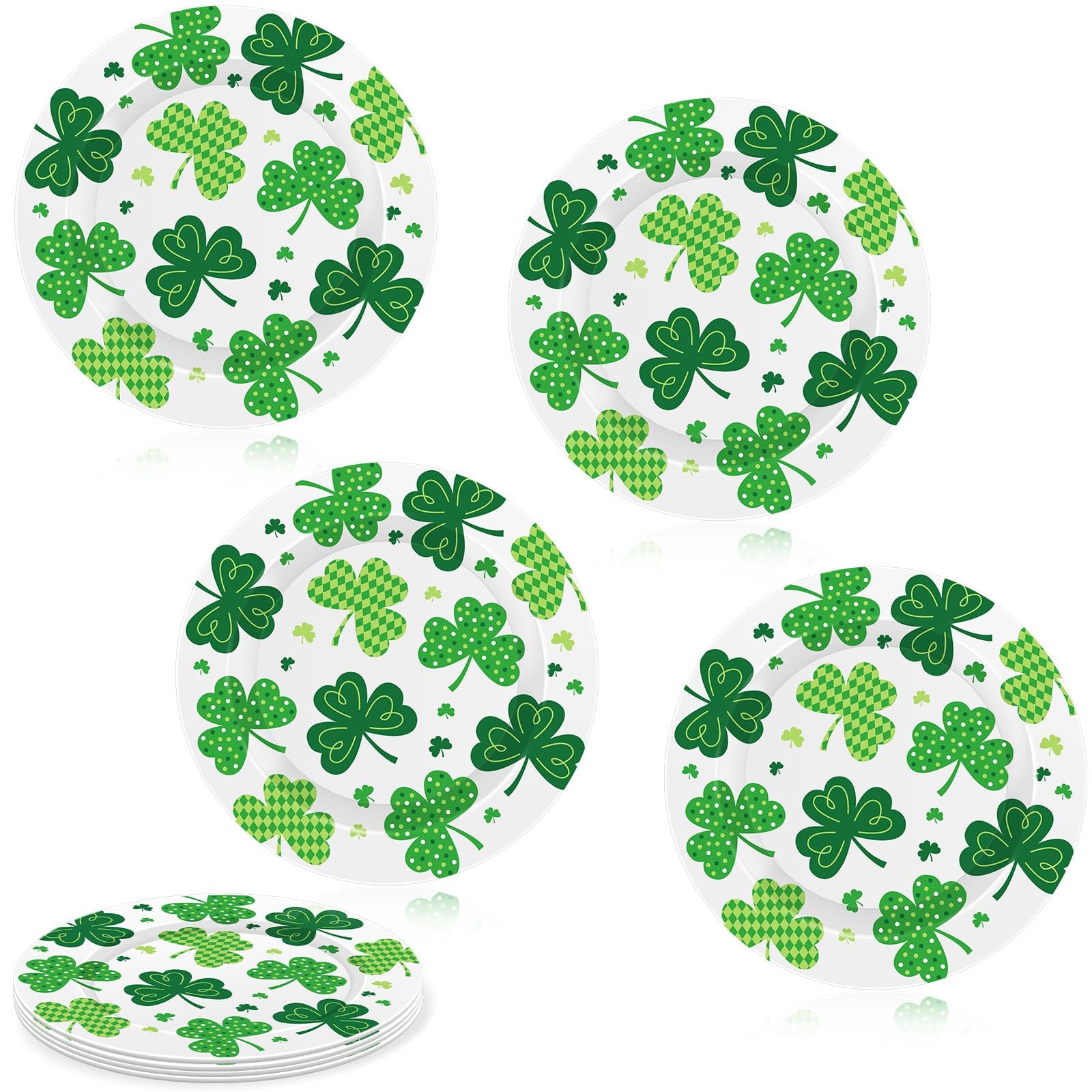 4 Pcs 6 Inch St. Patrick's Day Decoration Plates Green Shamrock Round Tableware Plate Clover Melamine Dinnerware Lucky Clover Display Plate for Irish Holiday St Patrick's Day Party Table Decoration