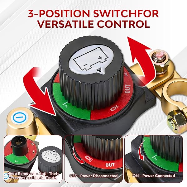 Desconectador de Bateria Coche 12V-48V, Cortacorrientes Coche Ajustable 180°, Interruptor Principal de Batería, Corta Corriente Bateria para Coche, Moto, Barco, Yate, Apto para el terminal negativo - 3