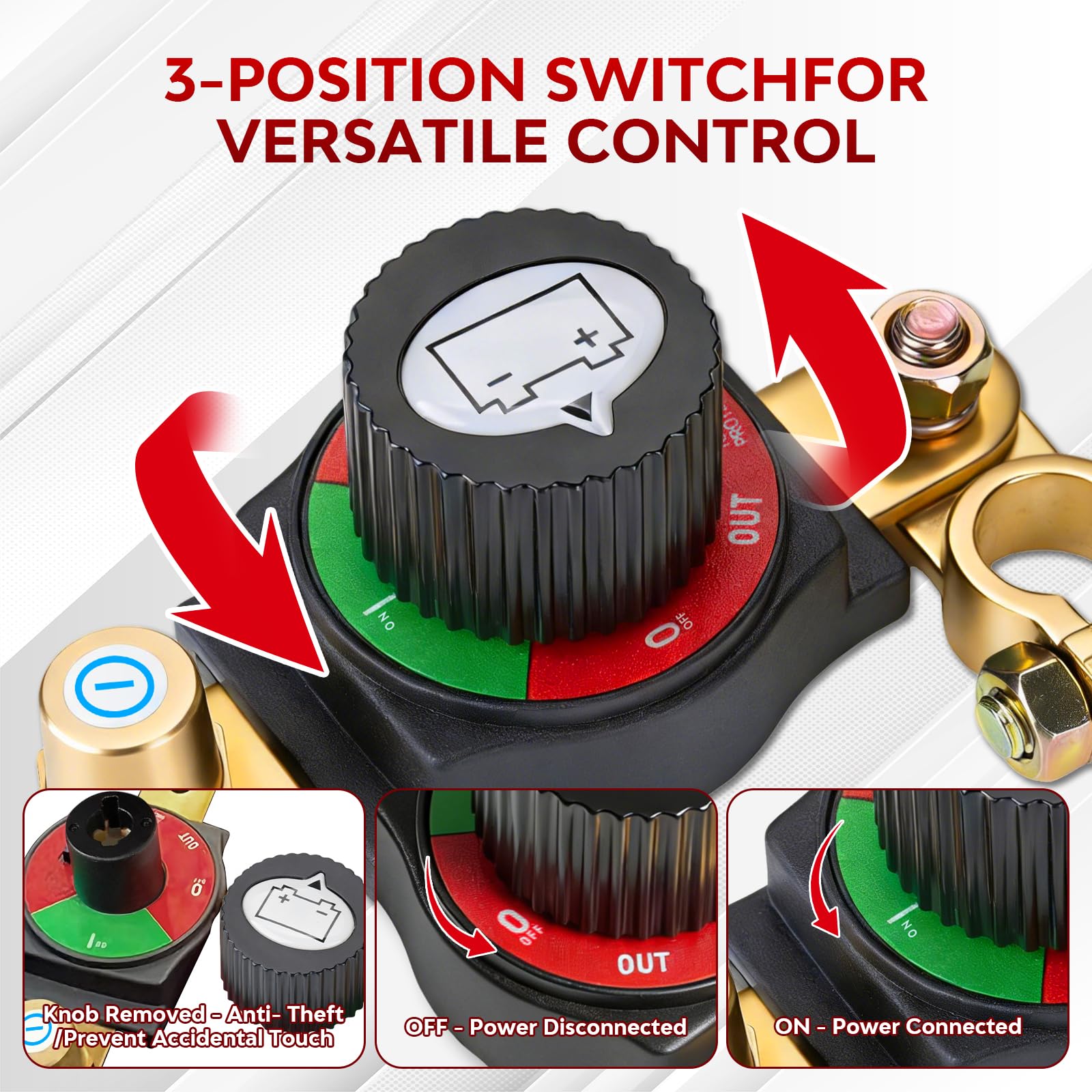 Desconectador de Bateria Coche 12V-48V, Cortacorrientes Coche Ajustable 180°, Interruptor Principal de Batería, Corta Corriente Bateria para Coche, Moto, Barco, Yate, Apto para el terminal negativo - 4