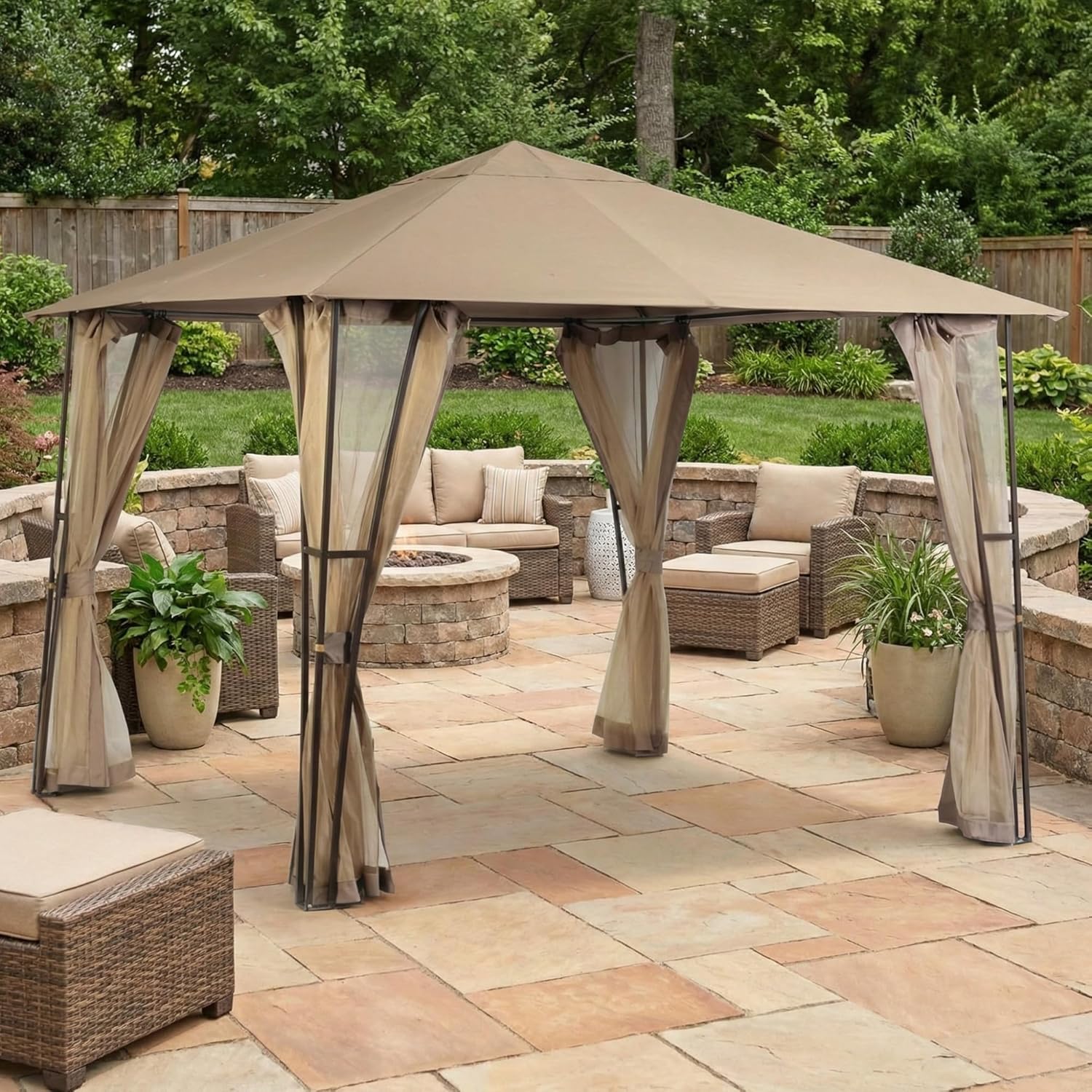 Garden Winds Reinforced RipLock 350 Replacement Canopy Top and Netting Set Compatible with Altoona 10’ x 10’ Gazebo Models 5LGZ1291-V3, 5LGZ1291-V2 - Beige