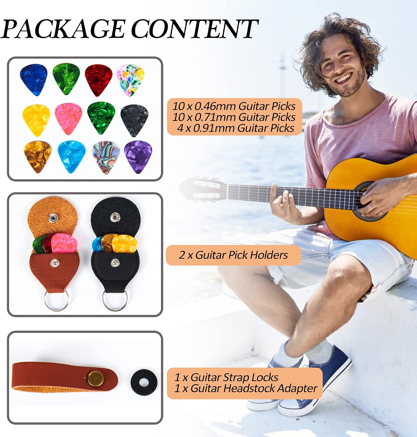 Guitar picks and pick Holder pick Case including 2 Pick holder keychain pcs Light Pick pcs Medium Pick,4pcs Heavy Pick
