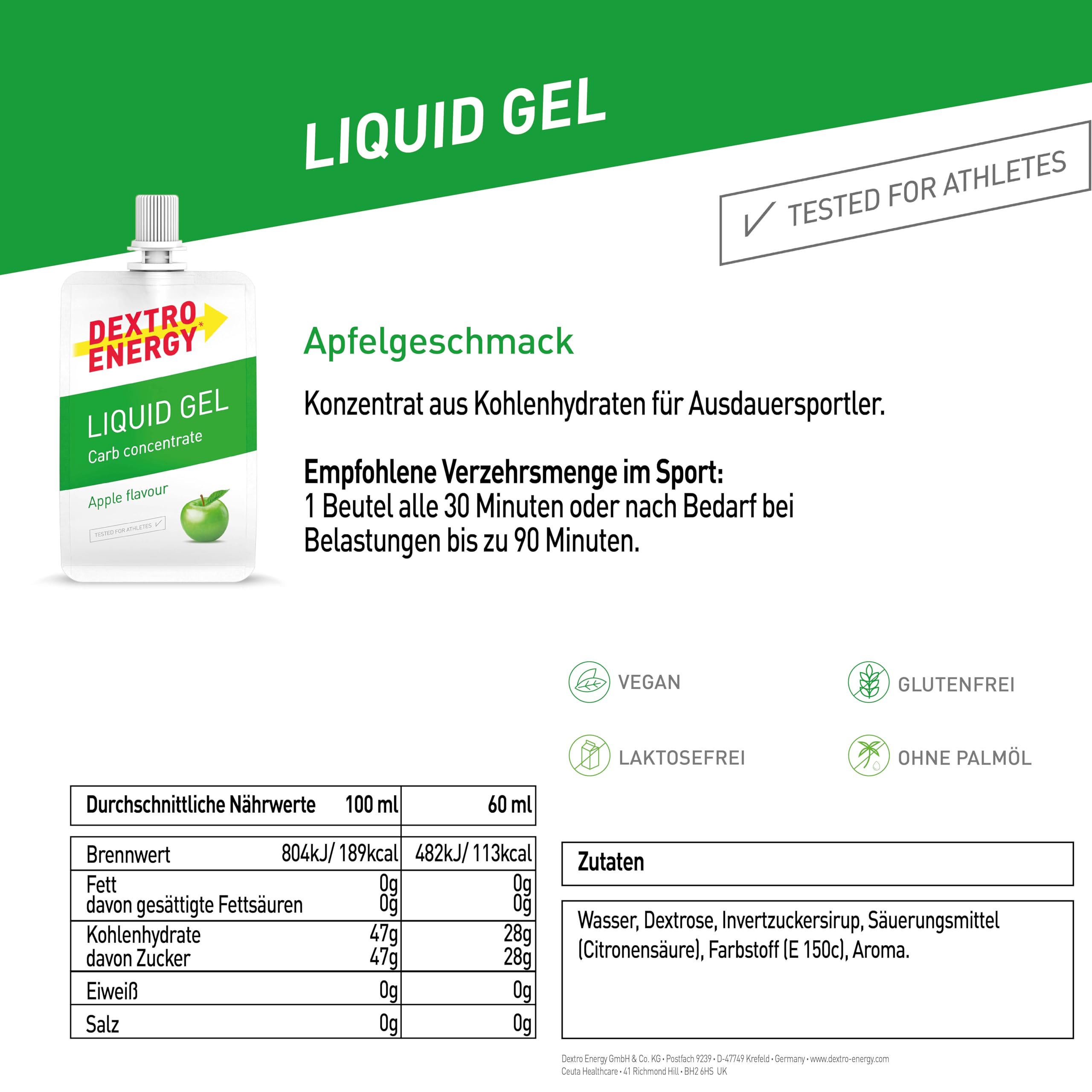 Dextro Energy Liquid Gel Apple - 18x60ml (18er Pack) - High Carb Energy Gel zur schnellen Kohlenhydrate Versorgung - fruchtiger Geschmack