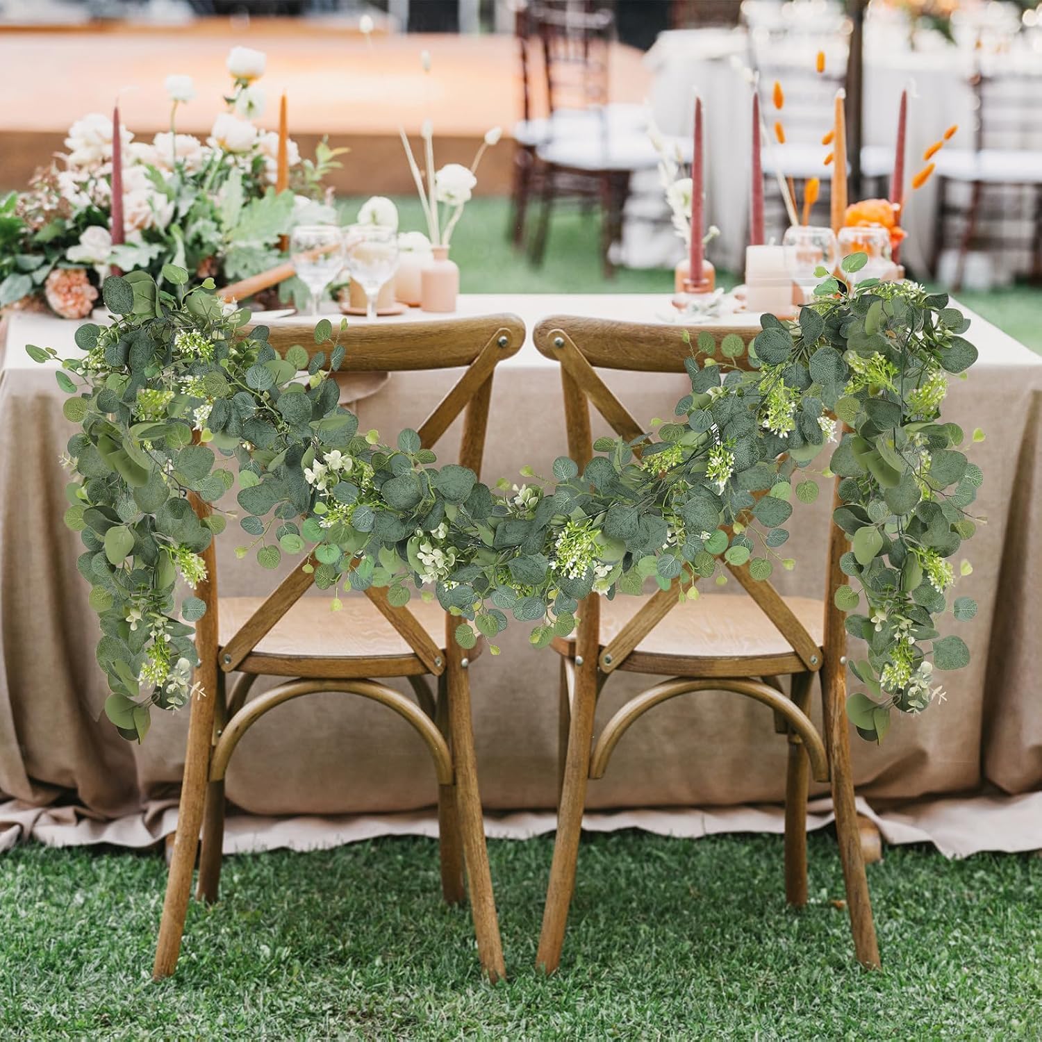 SOMYTING 4Packs 5.7FT Eucalyptus Garland Faux Silver Dollar Eucalyptus Leaves Greenery Artificial Garland Artificial Faux Greenery Vines for Wedding Party Arch Table Runner Room Home Mantle Decor