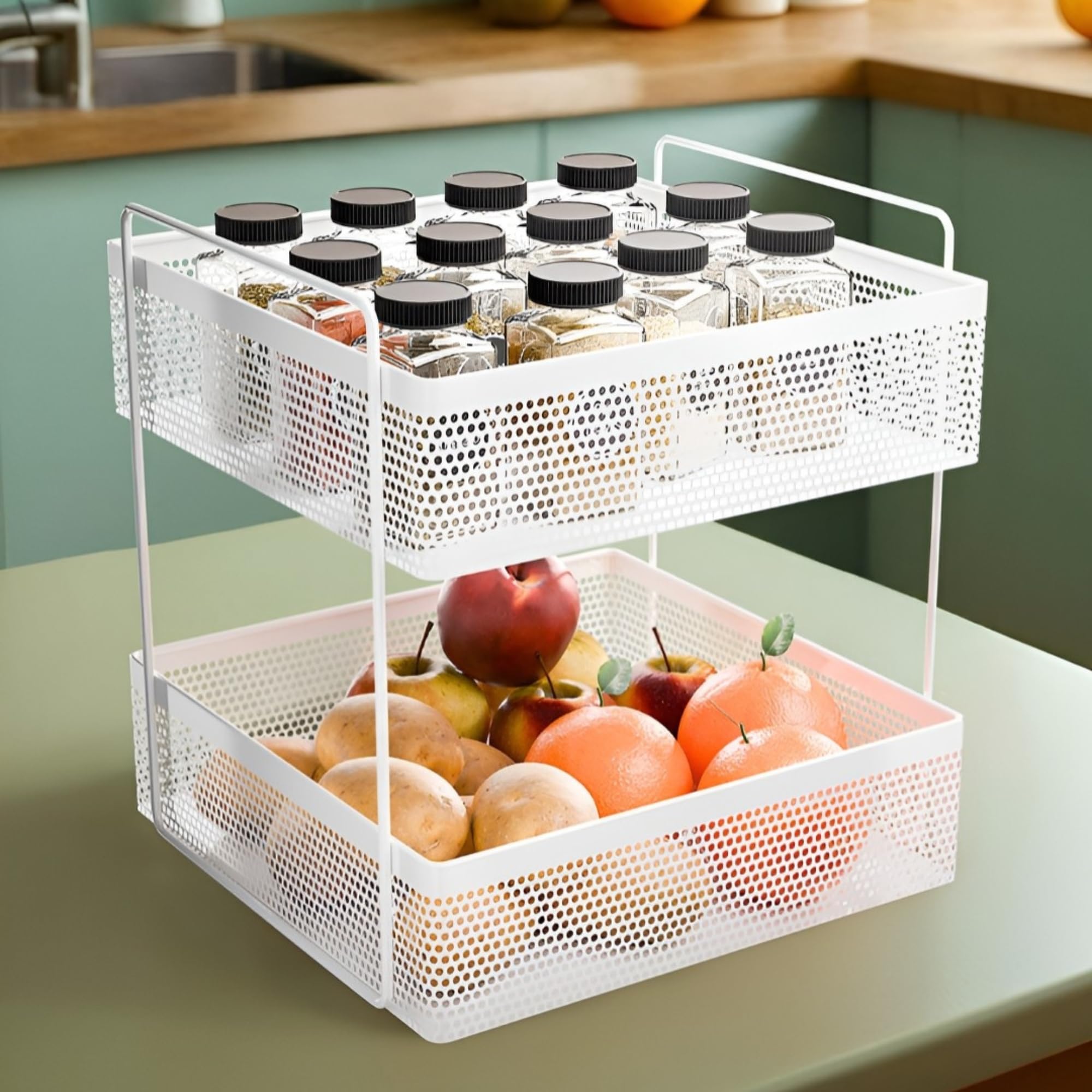 KWER 2-Tier Metal Square Kitchen Rack Stand Organiser | Countertop Organizer Kitchen Bathroom Standing Rack | Spice, Oil, Masala, Cosmetic & Bathroom Vanity Storage Rack Shelf | White