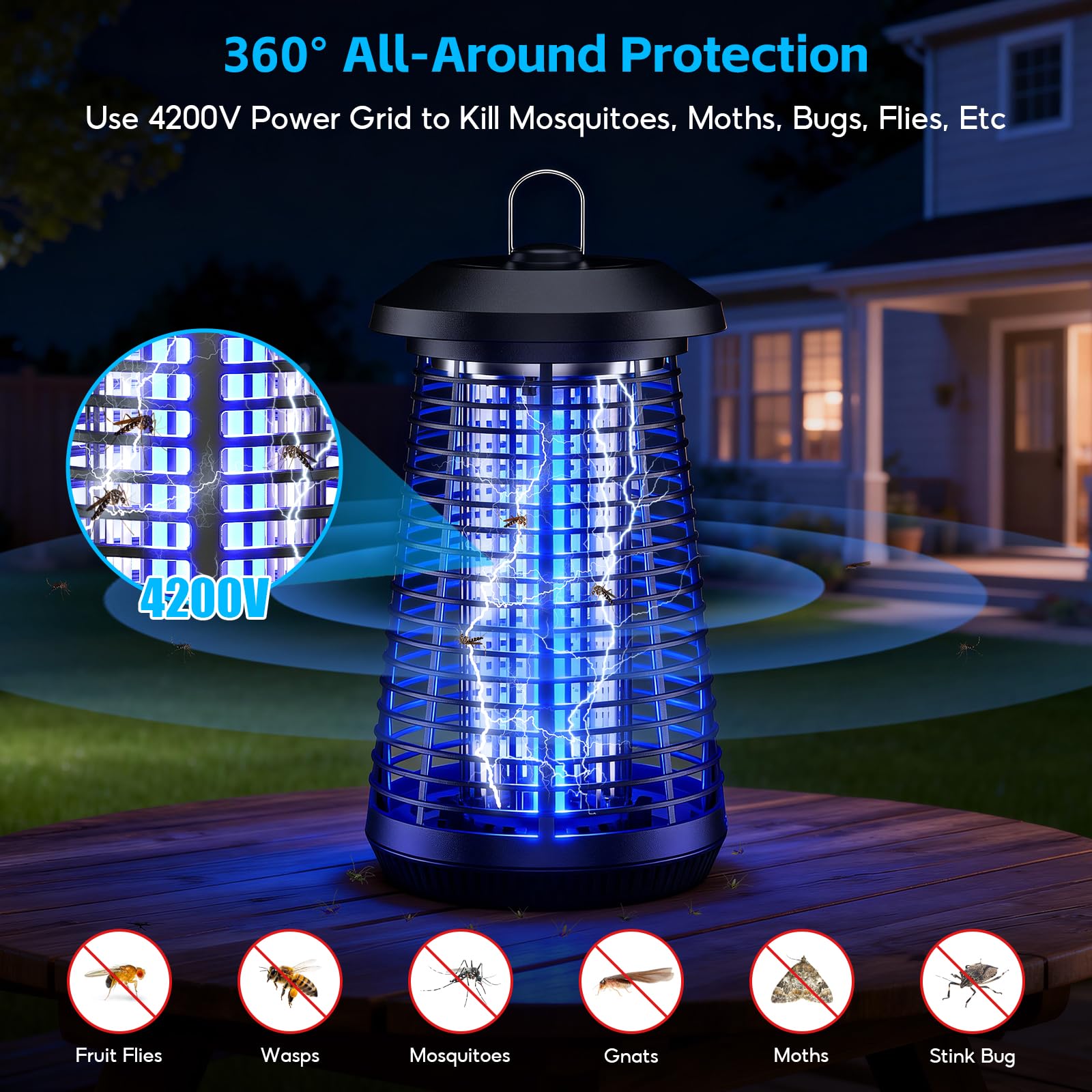 Zapper Elettrico Per Insetti, 4200V Ad Alta Tensione All'aperto Killer Di Zanzare, 20W Lampada A Led Killer Di Zanzare, Giardino Di Casa Cortile Campeggio Interno
