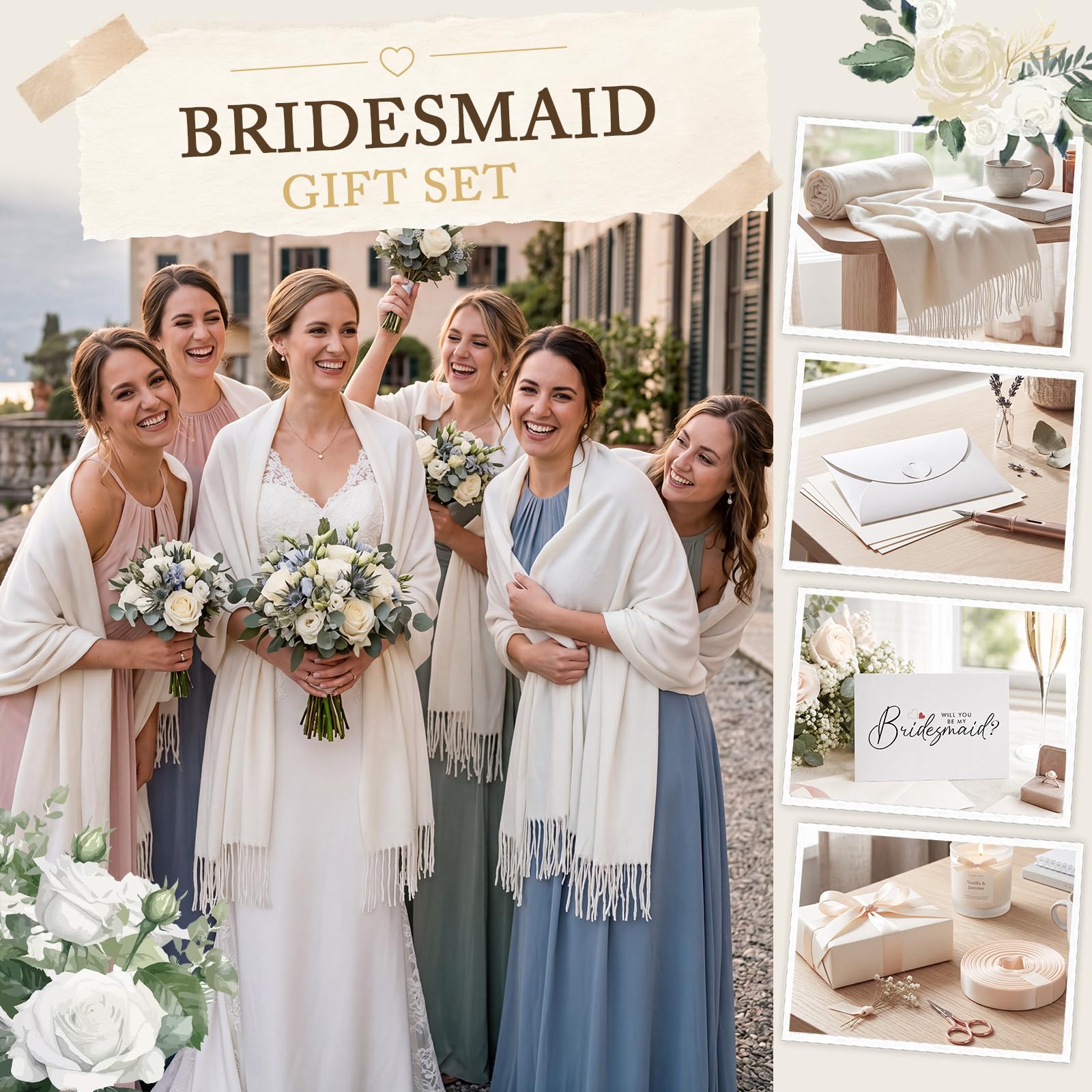 Hestya Châles en Pashmina Coffret Cadeau Mariage Comprend 4 Écharpes pour Demoiselles d'Honneur, 1 Ruban Cadeau, 4 Cartes pour Demoiselles d'Honneur et 4 Enveloppes. Pour Femmes et Invitées de Mariage