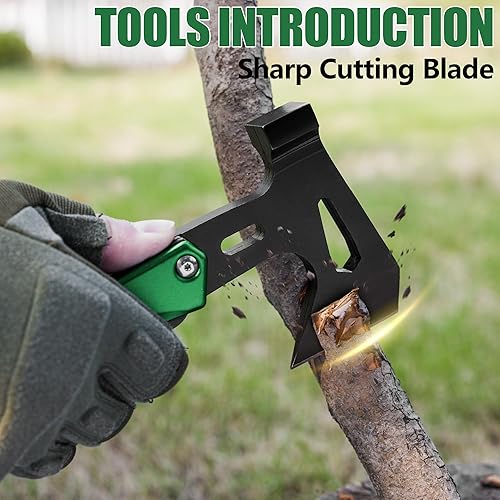 Miniatura 5 de FLISSA Martillo de hacha de campamento 14 en 1, multiherramienta de hacha de acero inoxidable con luz LED, herramienta de supervivencia EDC para