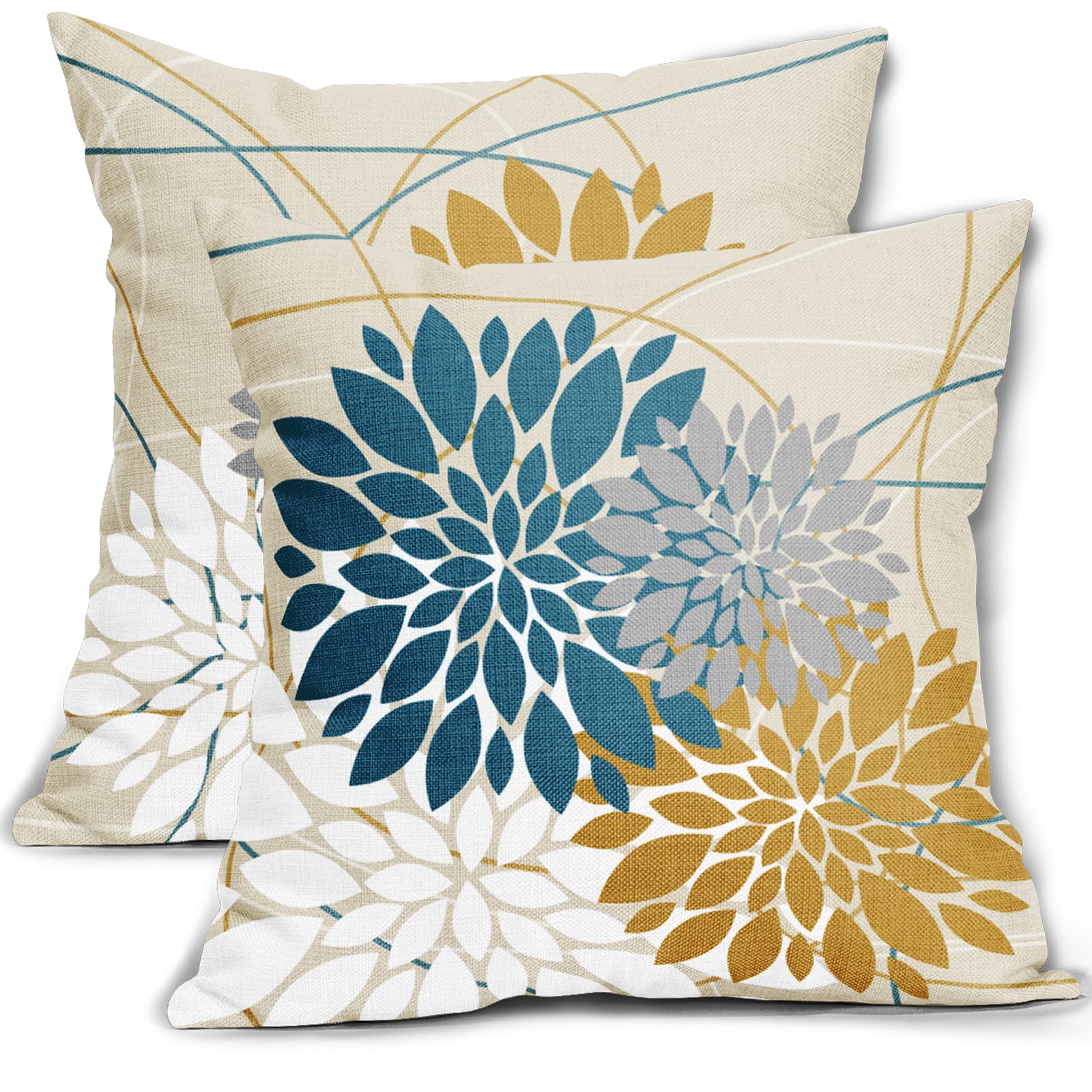 Yellow Teal Dahlia Pillow Cover 18X18 Inch Summer Spring Geometric Floral Elegant Line Flower Pillow Case Farmhouse Outdoor Decor for Home Bedroom