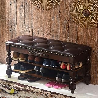 3-Tier Wooden Storage Bench Vintage Multi-Function Shoe Storage Bench With Leather Upholstered Seat For Kitchen Dining Room Hallway Balcony Terrace(Dark Walnut,90 * 35 * 48cm/35 * 13 * 18in)
