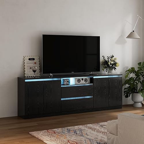 Miniatura 7 de Moderno soporte de TV para televisores de hasta 100 pulgadas, consola de TV LED, centro de entretenimiento largo con 2 cajones/2 gabinetes, soporte