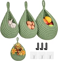 Vista 10 de Canastas colgantes de frutas boho para pared de cocina, paquete de 3, contenedor tejido para productos con 6 piezas de ganchos fuertes, cesta