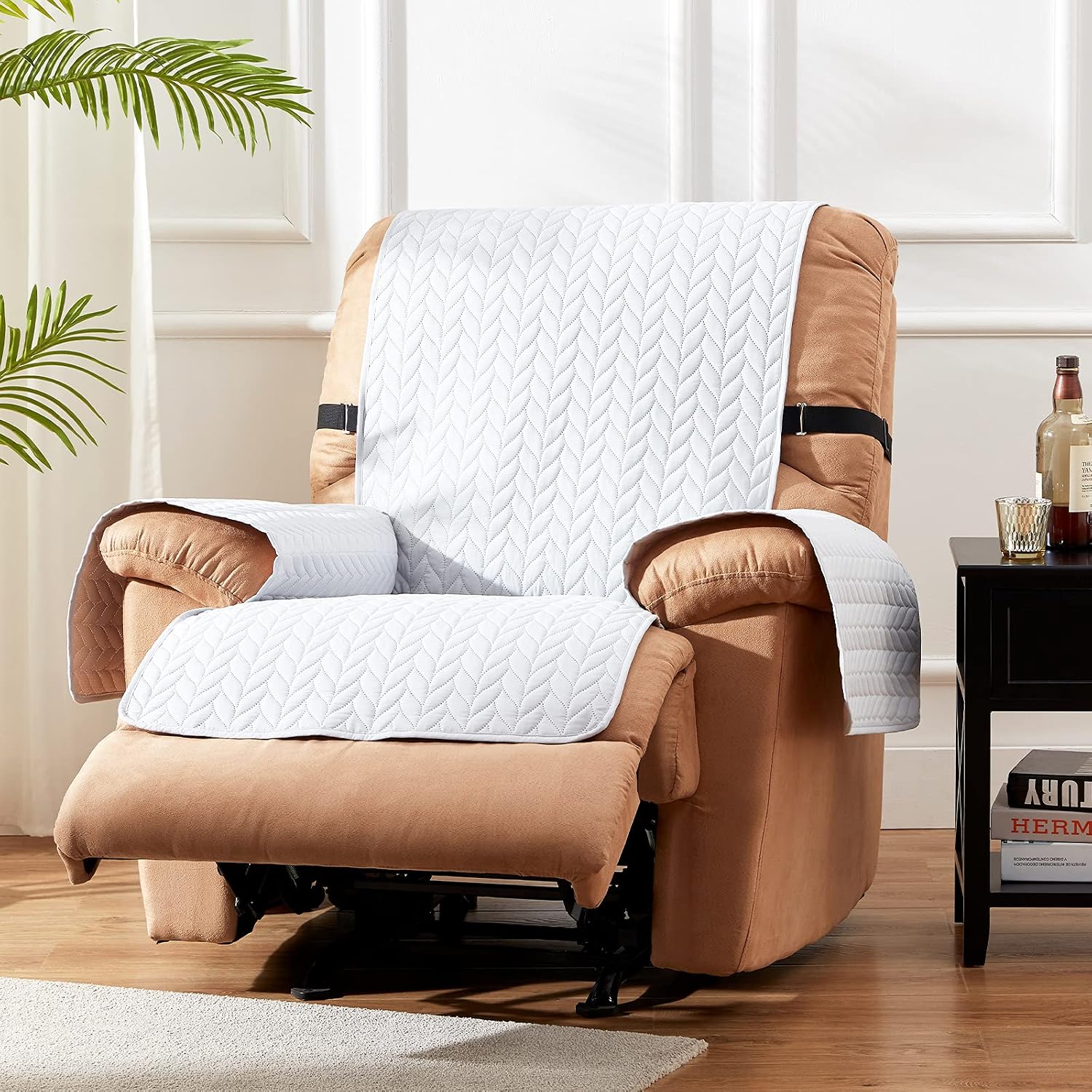 SunStyle Home Recliner Chair Cover 100% Waterproof Furniture Protector Reclining Sofa Cover with Adjustable Elastic Strap and Non-Slip Backing - Leaf Quilted Light Grey/Beige