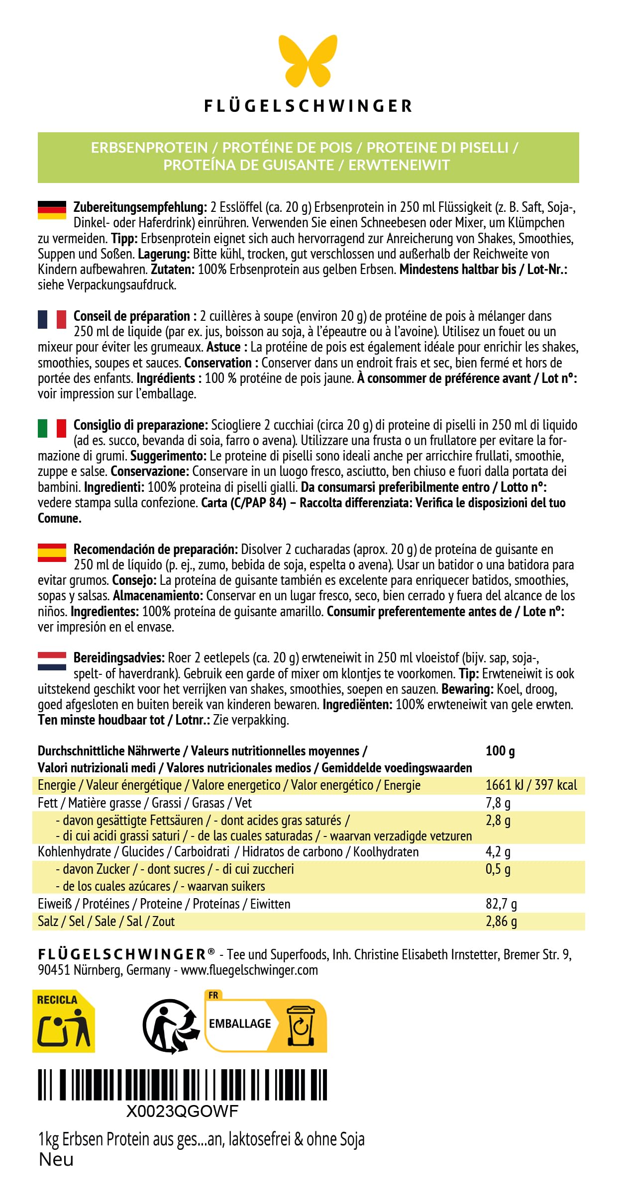 1kg de Protéine de Pois, à partir de pois jaunes au goût neutre, naturellement vegan, sans soja (1000g)