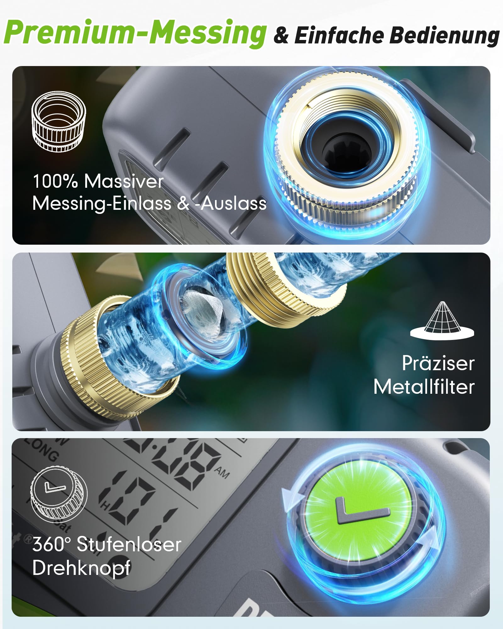 RAINPOINT Bewässerungscomputer mit 2 Ausgängen, großes All-in-One LCD-Display, 2-Zonen Zeitschaltuhr Set mit Regensensor, automatischer Regenstopp, Regenverzögerung, IP65 wasserdicht für Garten