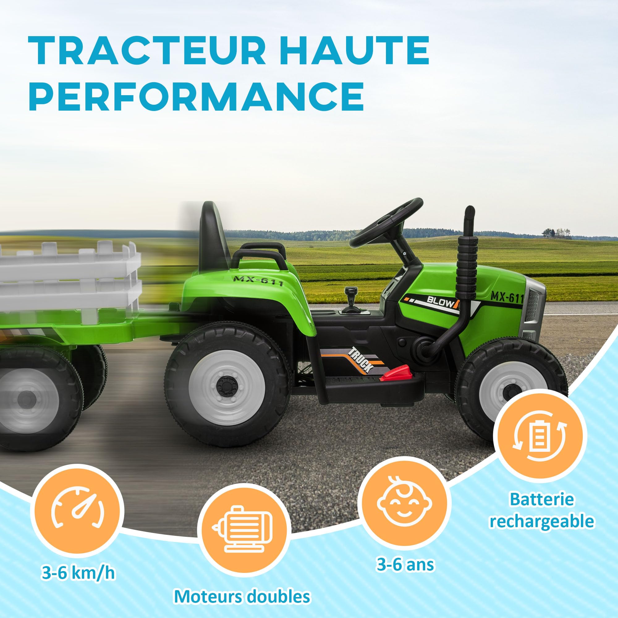 HOMCOM Tracteur électrique avec remorque Amovible, Voiture électrique Enfants de 3 à 6 Ans avec télécommande MP3 Musique Affichage lumières et Ceinture de sécurité, 12V 3-6 km/h, Vert