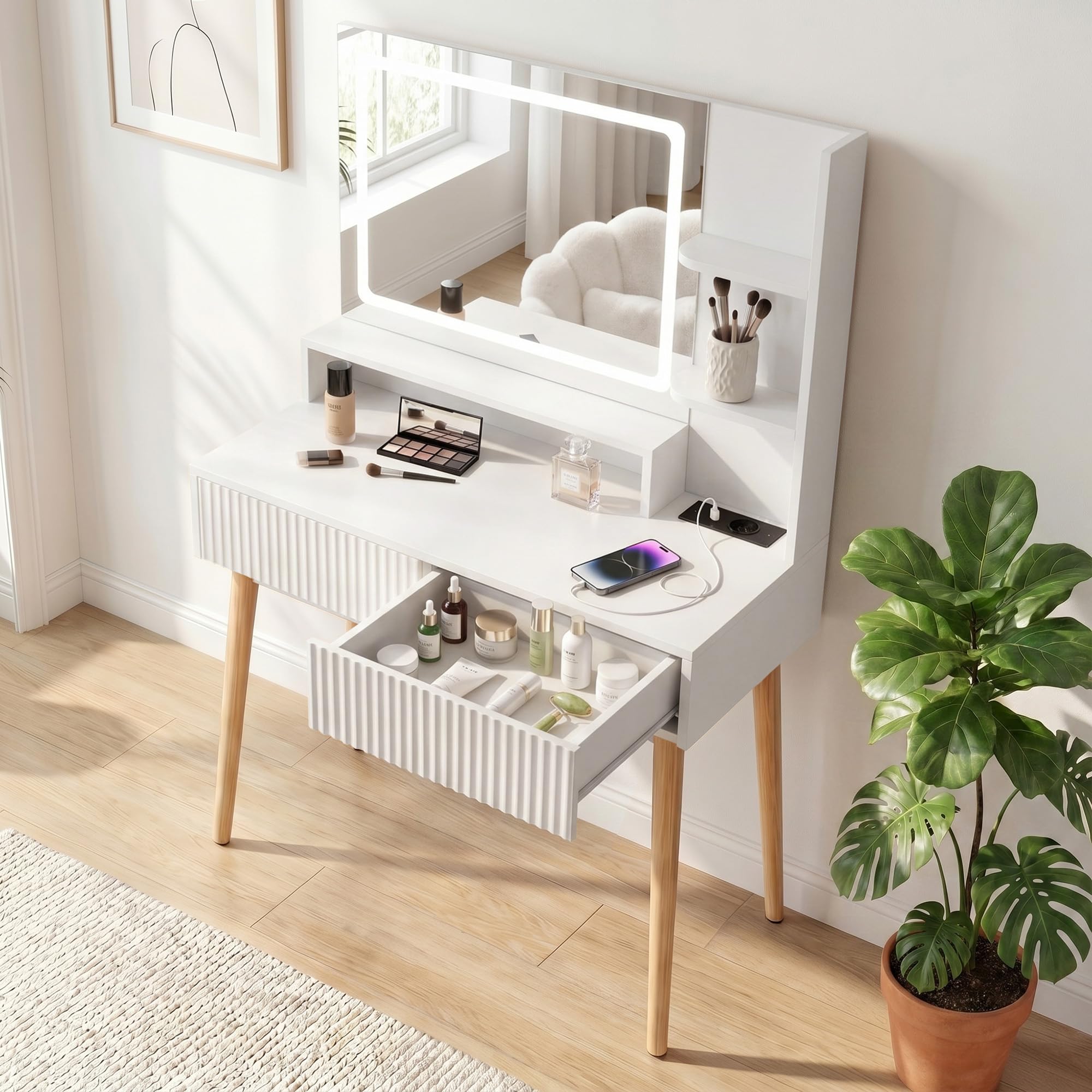 Hawthyhome Weiß Schminktisch mit Beleuchtun und Ladestation, Moderner Frisiertisch mit 2 Riffel-Schubladen und Ablagen, 3 Lichtmodi, Kosmetiktisch mit Massivholzbeinen für Schlafzimmer