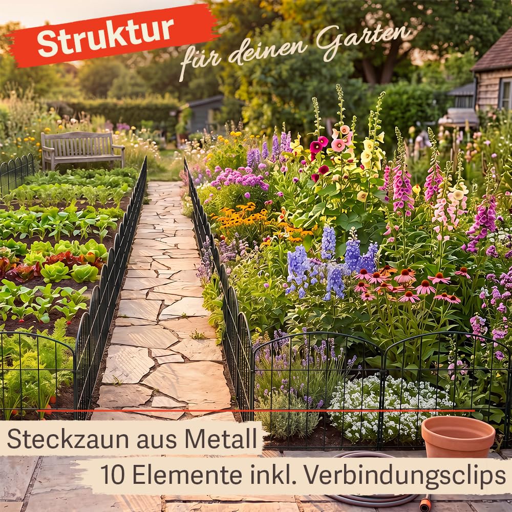 Zaun Gartenzaun Steckzaun Hundezaun Teichzaun für Garten Teich 10 Zaunelemente 43 cm hoch Metall Gitterzaun Oberbogen V2Aox, Schwarz