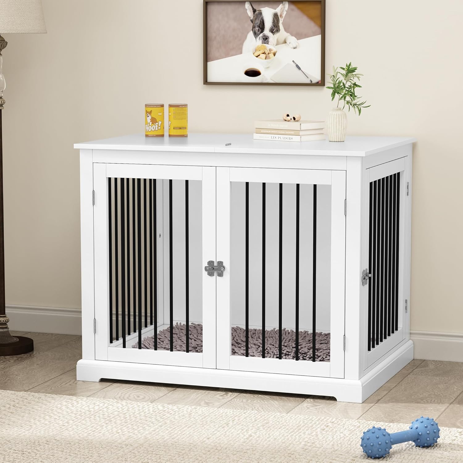 PUPETPO Dog Crate Furniture with Cushion, Dog Crate End Table Large, Indoor Dog Kennel, Dog House, Dog Cages for Large Dogs, Furniture Style Dog Crate with Flip-top, Chew-Proof Metal Bars, White