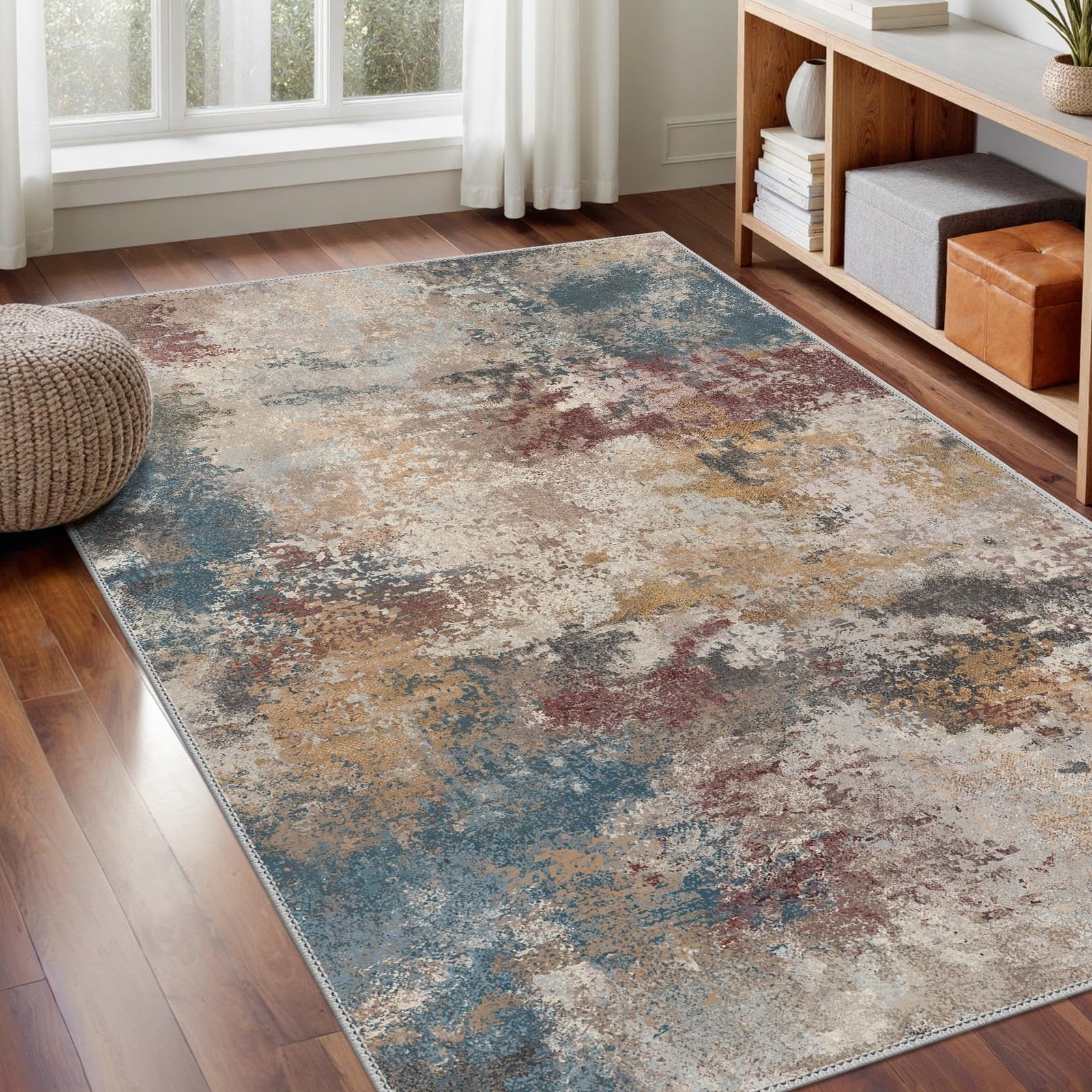 GENIMO - Tappeto Antiscivolo Moderno Astratto - 120x170cm - Corto Pile - Per Ambienti Eleganti e Comfort - Perfetto per Soggiorno - Arancione Blu
