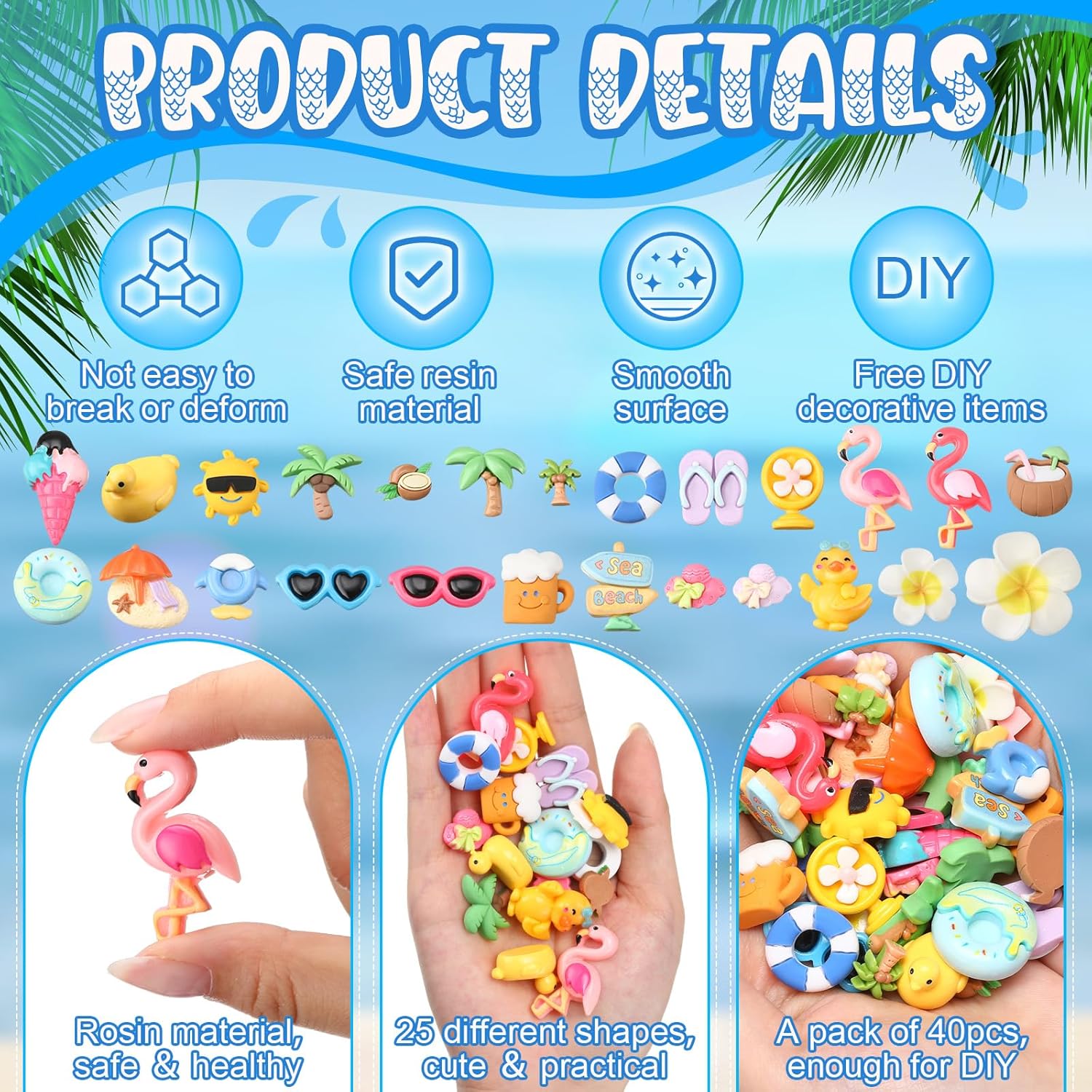 Giegxin 40 Pcs Summer Resin Charm Hawaii Beach Coconut Flamingo Plumeria Flower Flatback Cabochon Accessories Cute Embellishments Bulk for Jewelry Cellphone Case Scrapbooking Headband DIY Craft Making - Image 3