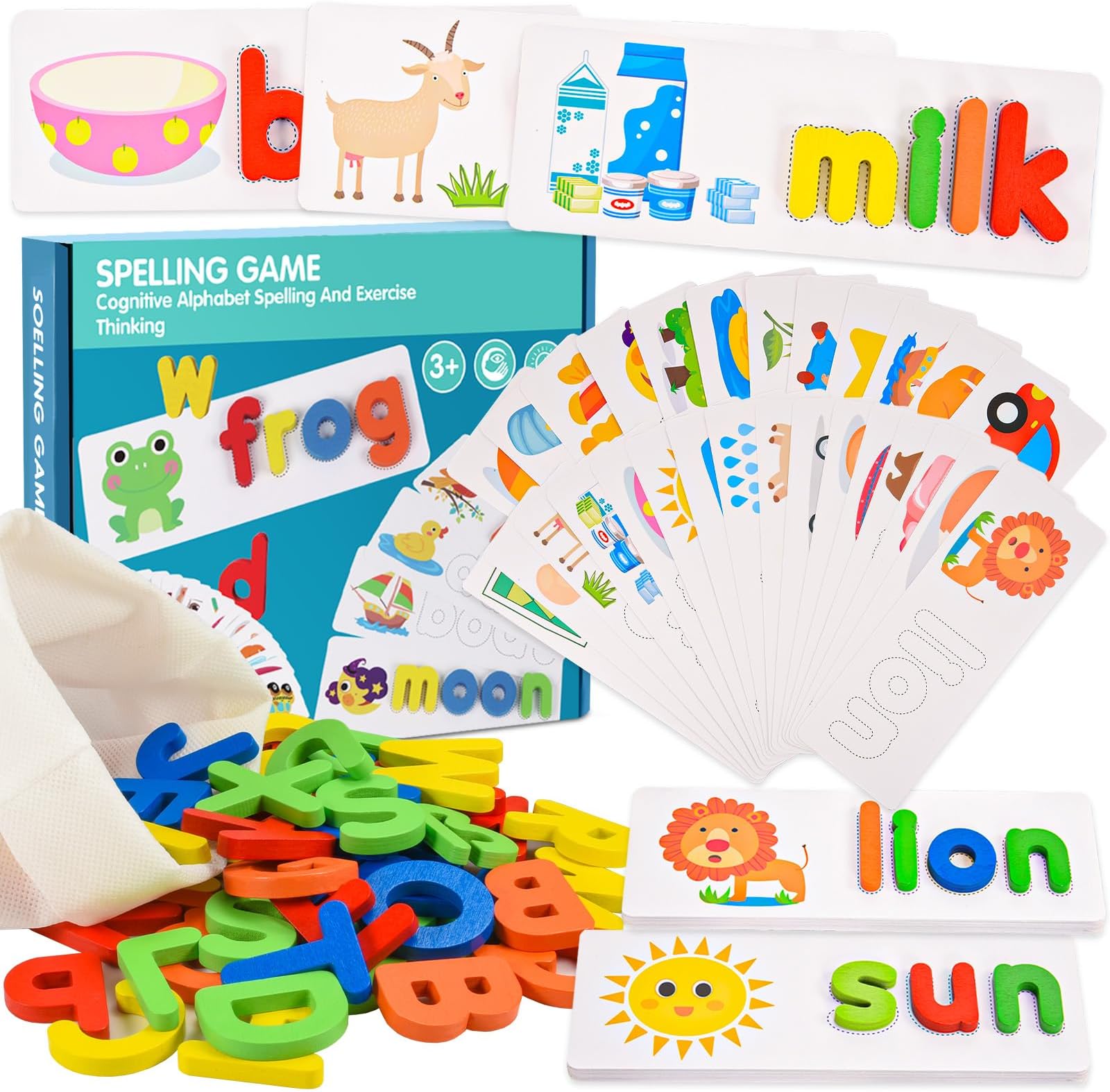 Spelling Games for 1 2 3 Year Olds, Alphabet Flash Cards Toys for 1-6 Year Old Girls Educational Toys for 2+ Year Olds Boys Kids Toys Age 2 3 4 5 6 Learning Games Spelling Words Matching Letter