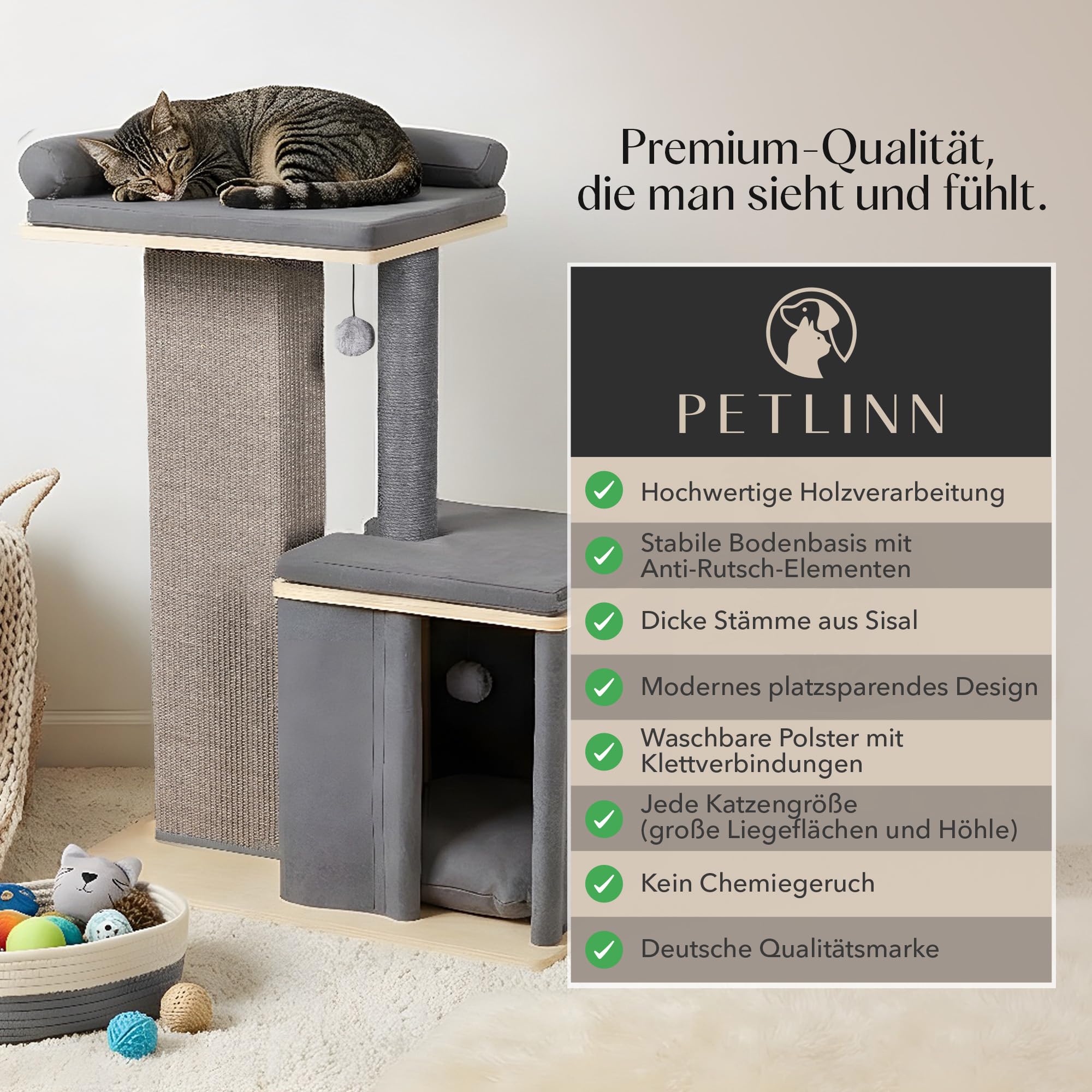 Premium Kratzbaum, für große Katzen, stabil, extra Dicker Stamm, Katzenbaum Holz, große Liegeflächen und Höhle, 95 cm, grau, modernes Design, Katzenkratzbaum Natur-Optik