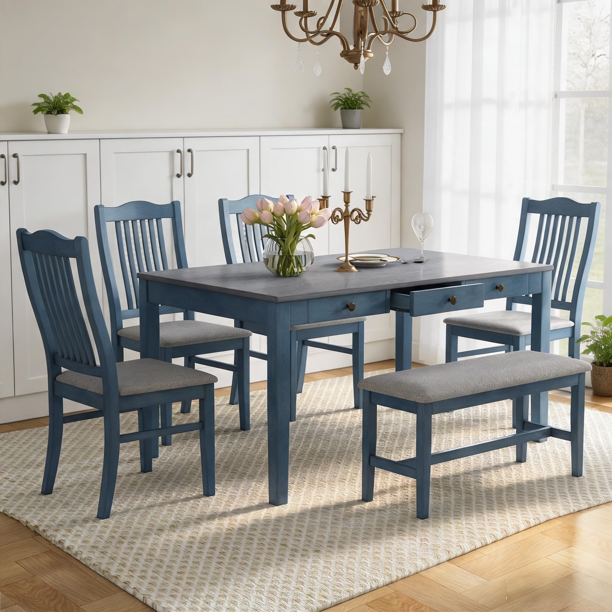 LUMISOL 6-Piece Vintage Dining Table Set in Antique Blue with Storage Drawers