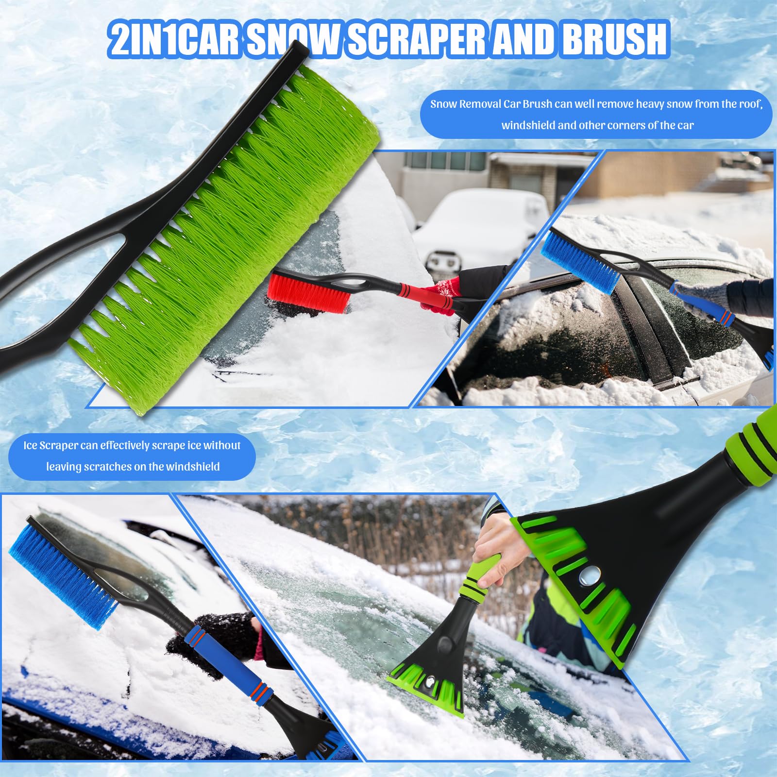 Uiifan 6 Pcs 24" Snow Brush and Ice Scrapers for Car Windshield Windows Detachable No Scratch Scraper for Ice and Snow Removal Winter with Foam Grip Trucks SUVs (Red,Blue,Green)