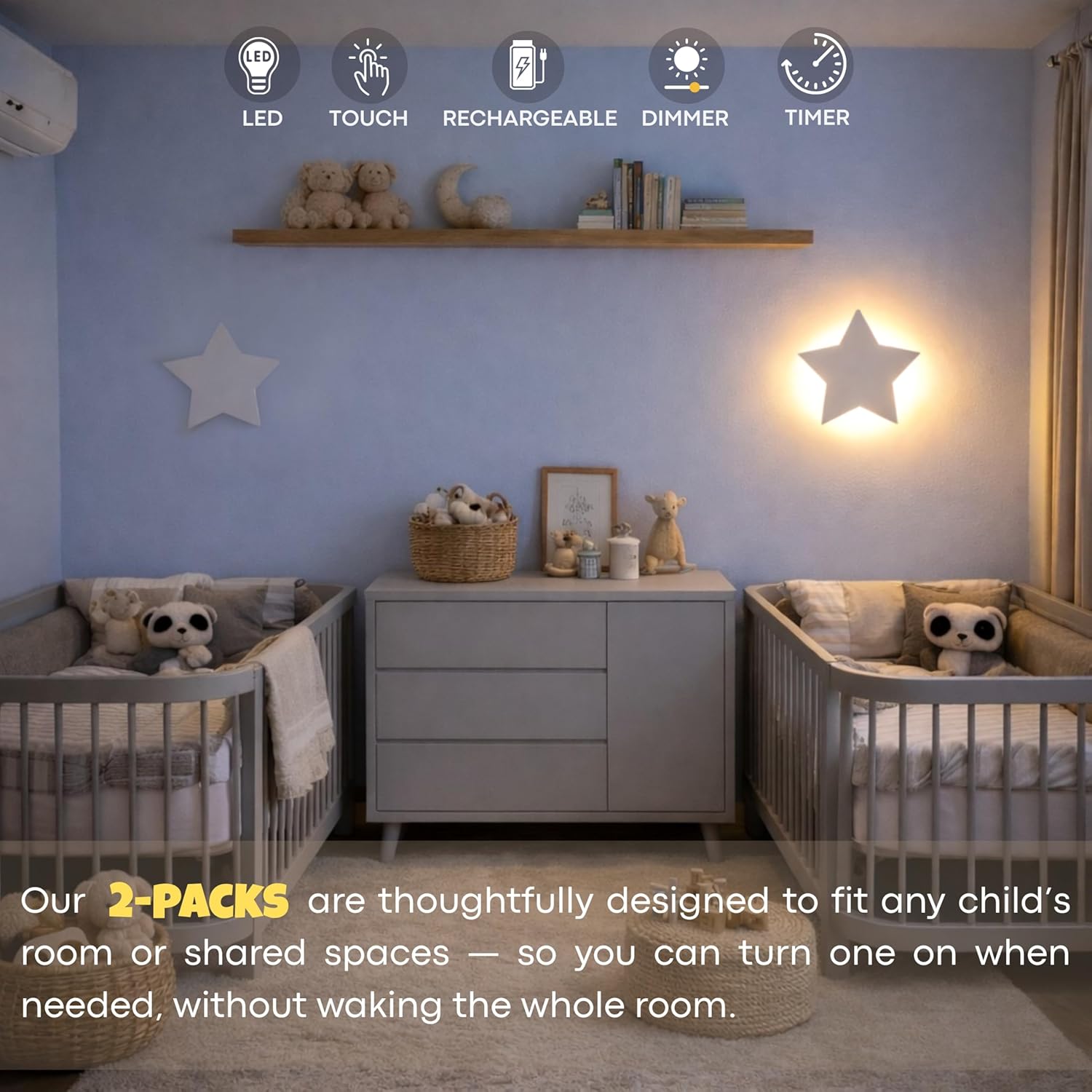 KALEOLI Star Wall Lights 2 Pack – Dimmable & Rechargeable for Kids & Baby Room Decor – Made for Bedtime Routines (Moon & Star Decals Included)