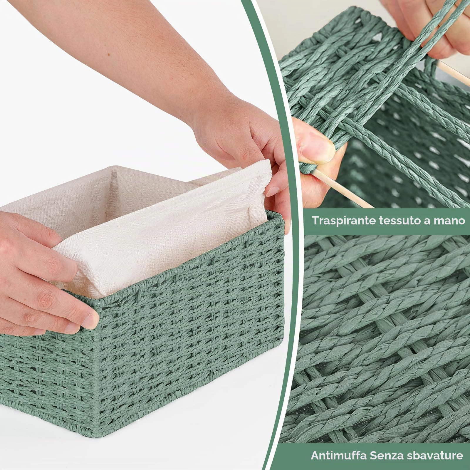 Cestini Portaoggetti, Set di 4 Cestino porta Giocattoli Cestino da Bagno Cesto Vimini Piccolo Bambini Cesto in Corda di Carta, per Camerette, Bagno, Cassetti, Cucine, Soggiorno (Verde)