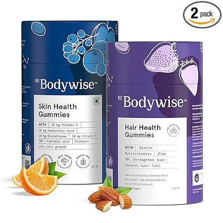 Be Bodywise Gummies for Skin & Hair | Combo of 120 Gummies | Skin Gummies with Hyaluronic Acid, Vitamin C & E, & glutathione | Biotin Gummies | Biotin Supplements for Stronger Hair | No Added Sugar