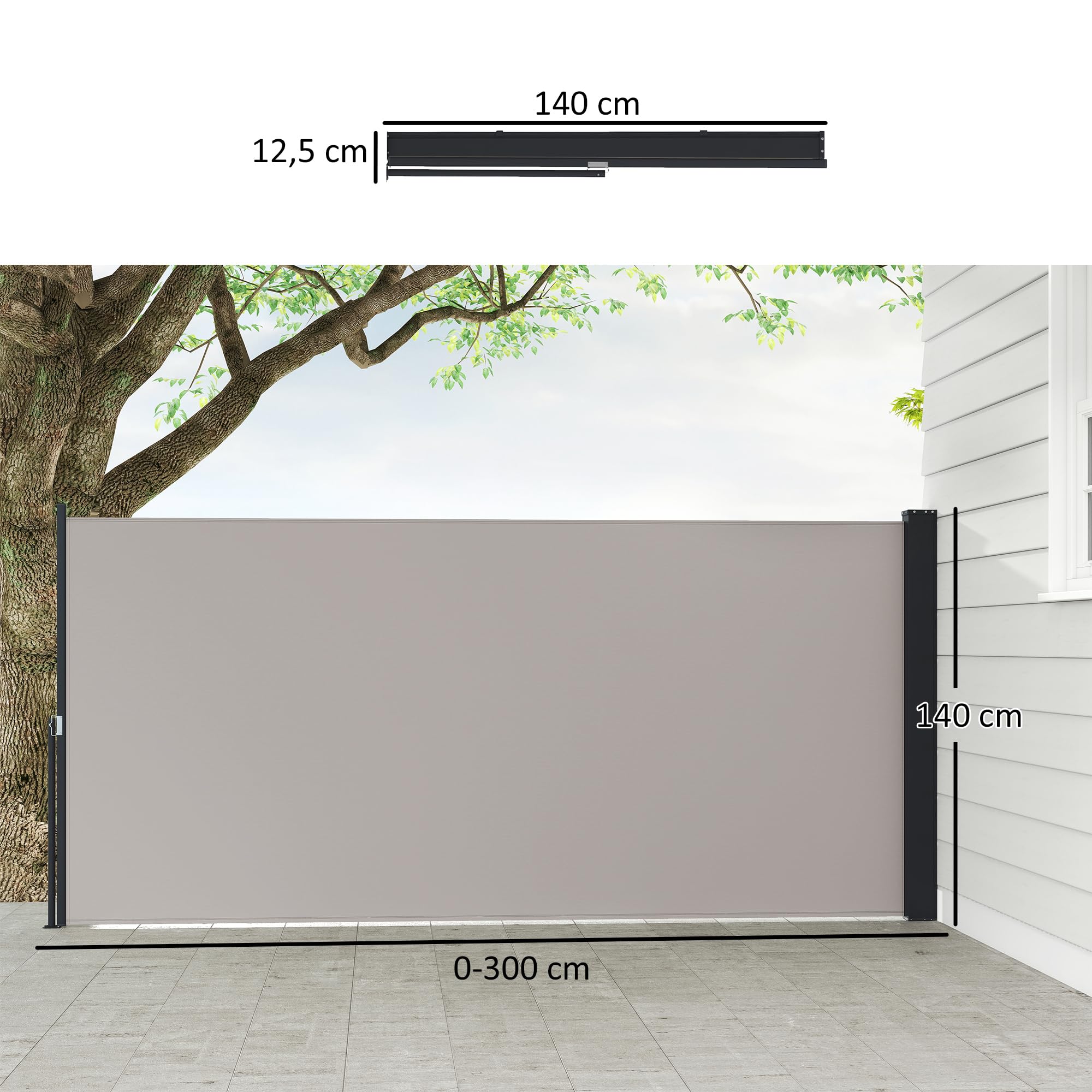 Outsunny Toldo Lateral Retráctil Pantalla Anti-UV 300x140 cm Gris Claro | Pantalla Enrollable, Mampara de Privacidad, Impermeable, Exterior, Jardín, Balcón, Terraza