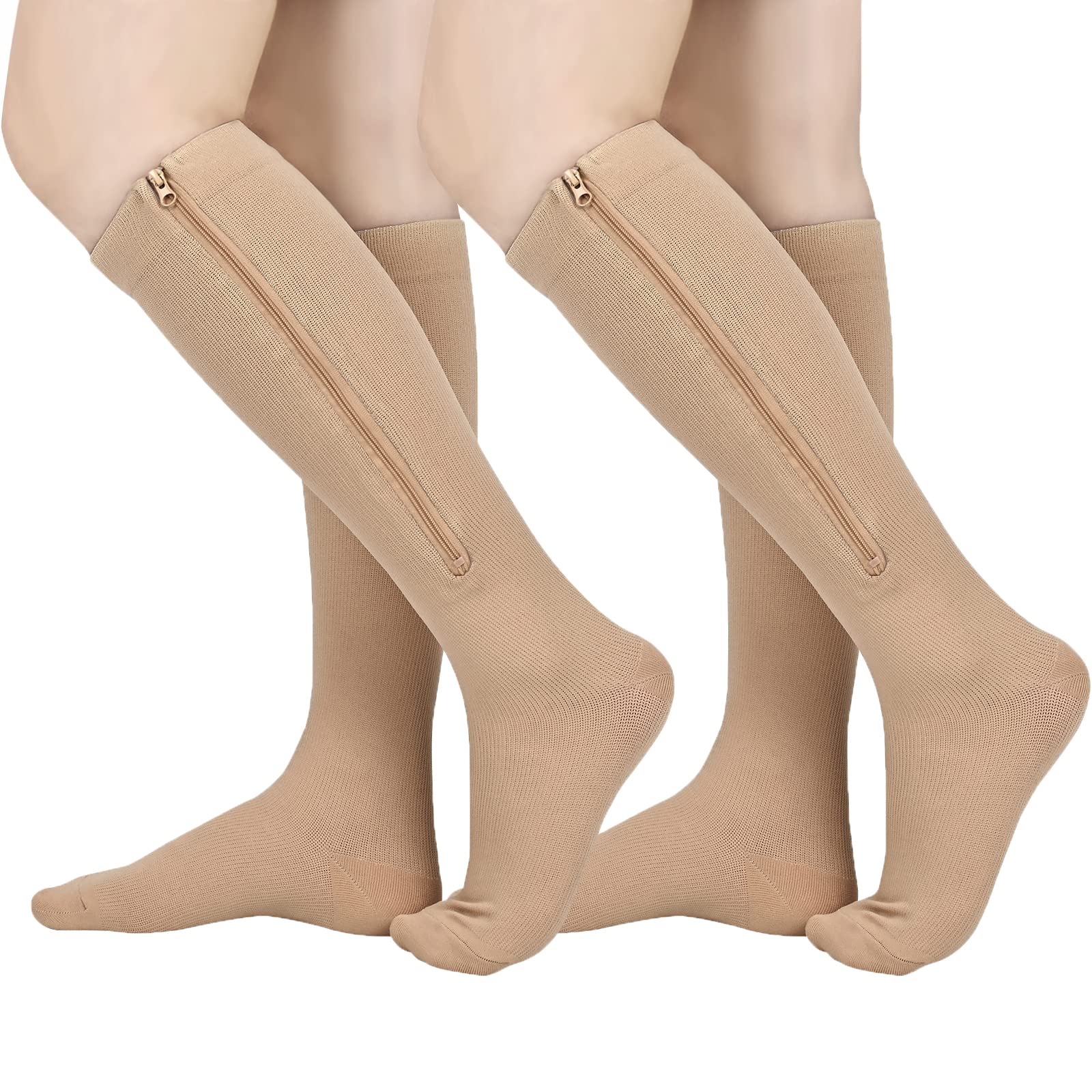 2 Pairs Zipper Compression Socks Women & Men,Closed Toe, 15-20 mmHg Knee High Compression Stockings for Edema, Varicose Veins