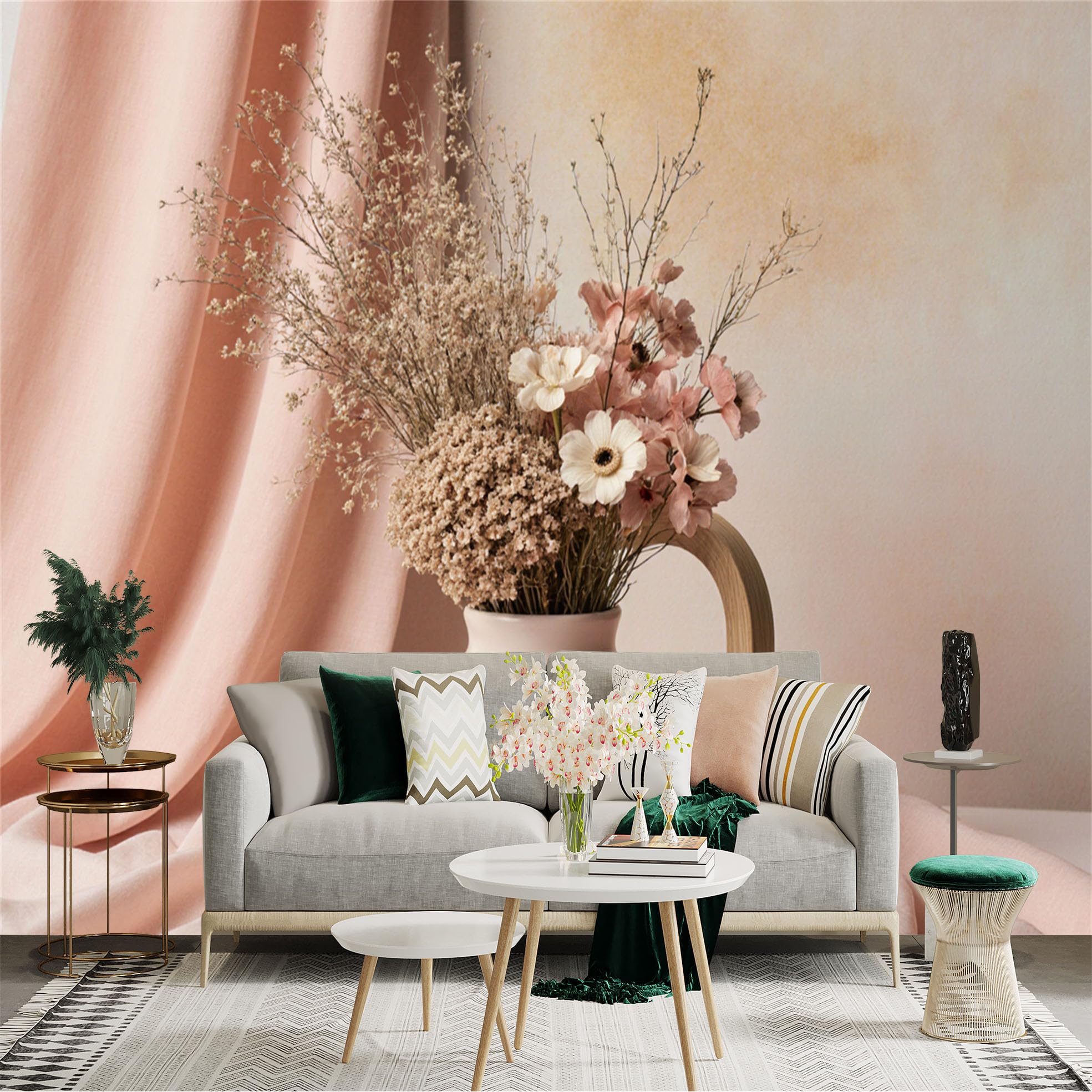 Custom Size Wall Sticker Mural， Pink Ceramic Vase with Dried Flowers， Soft Pastel Aesthetic， Elegant Floral Bouquet， for wall Decoration， peelandstick wall Decals.