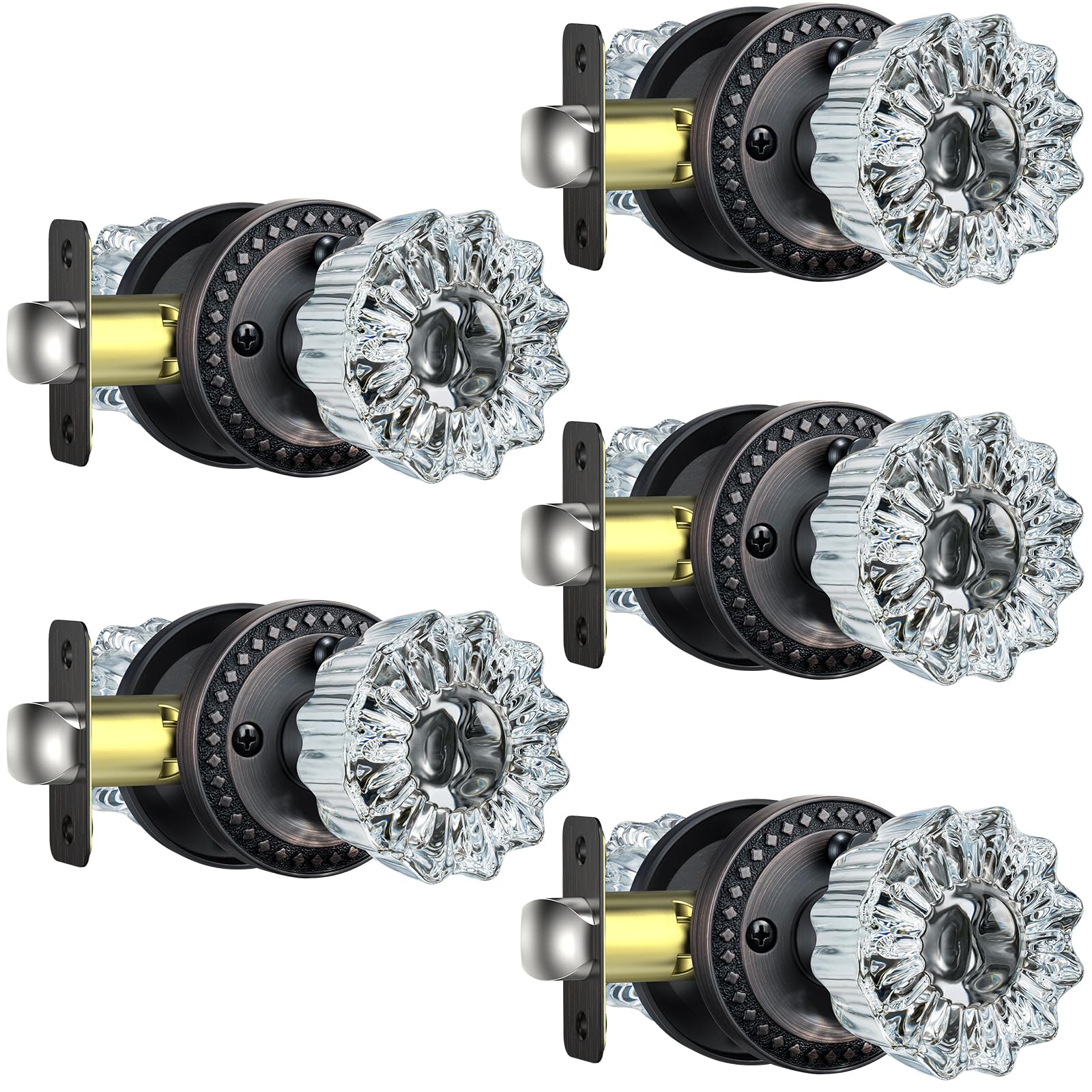 Calzibeno Glass Door Knobs, 5 Pack Glass Bronze Door Knobs Interior for Privacy Use, Vintage Crystal Door Knobs Interior with Lock, Oil Rubbed Bronze