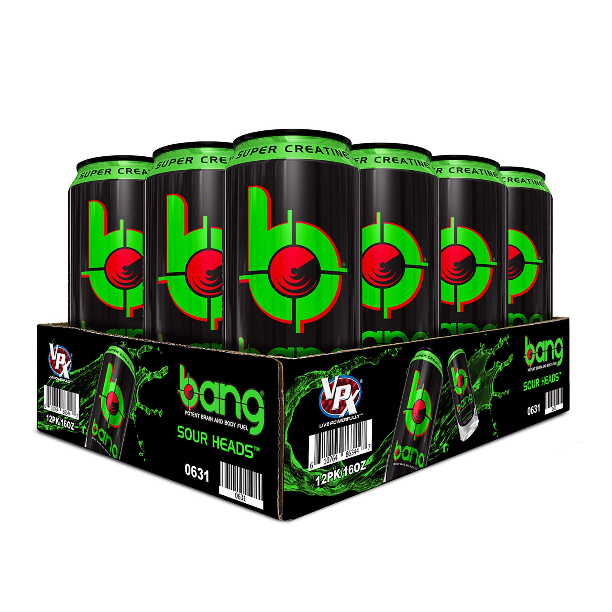 Bang Energy Sour Heads, Sugar-Free Energy Drink, 16-Ounce (Pack of 12)
