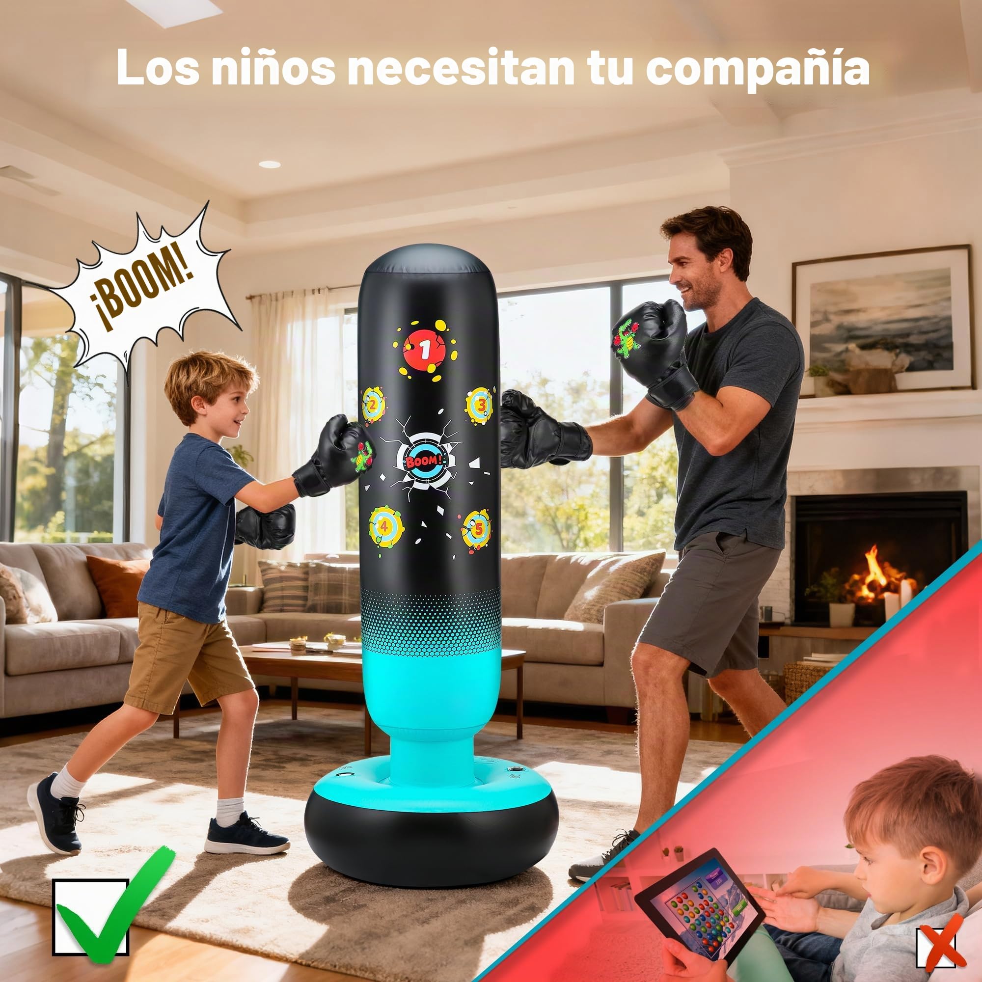Saco de Boxeo Niños con Guantes de Boxeo y Bomba 165cm Grande Estable Dinosaurio & Golpear un Objetivo 2 en 1 Inflable Saco de Boxeo de Pie Regalo para Niños y Niñas 3-12 Años