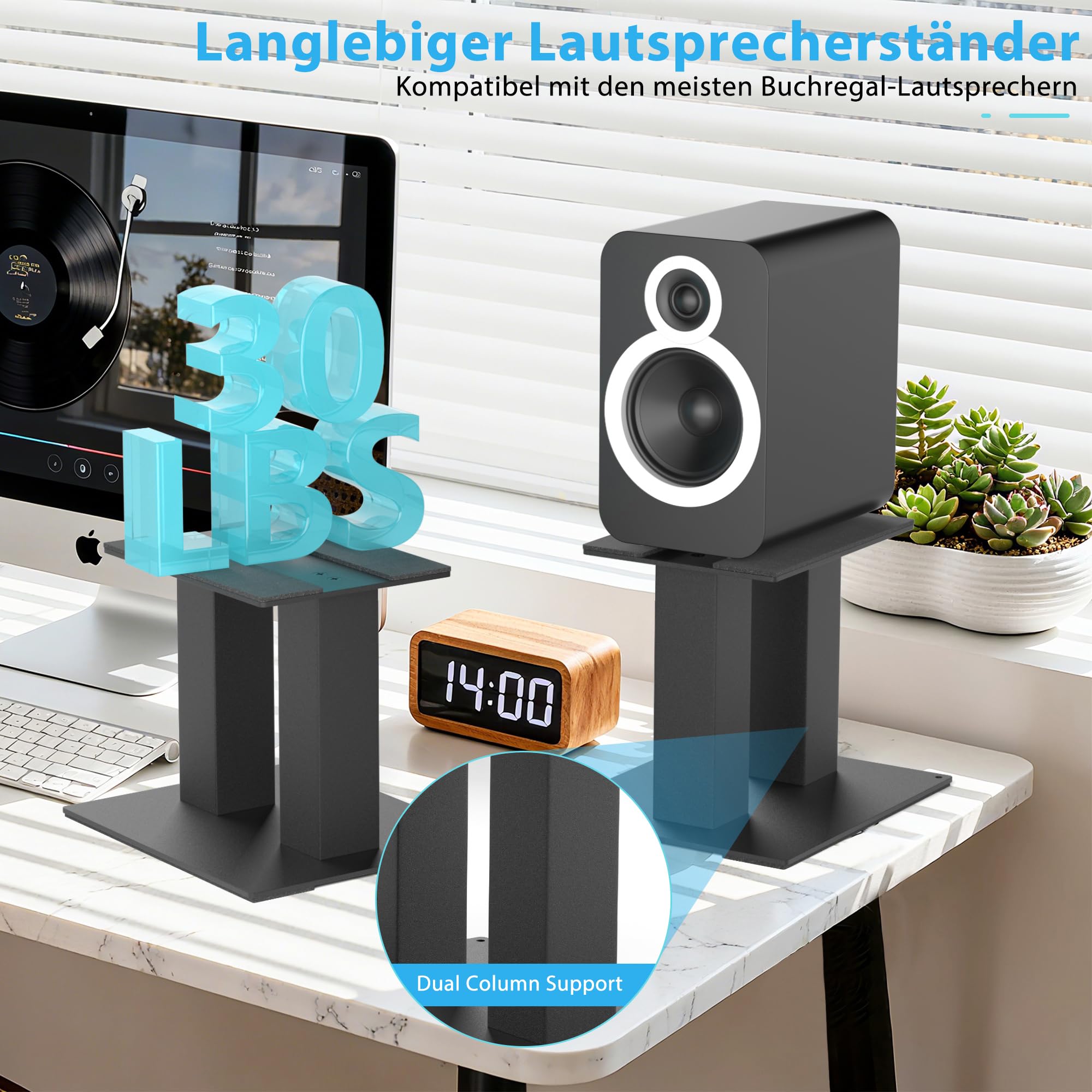 2er-Pack Desktop Lautsprecherständer, Universelle Desktop Audio Ständer aus Metall bis zu 13 KG, 2 Ständer für Computer und Bücherregal Lautsprecher (Regulär)