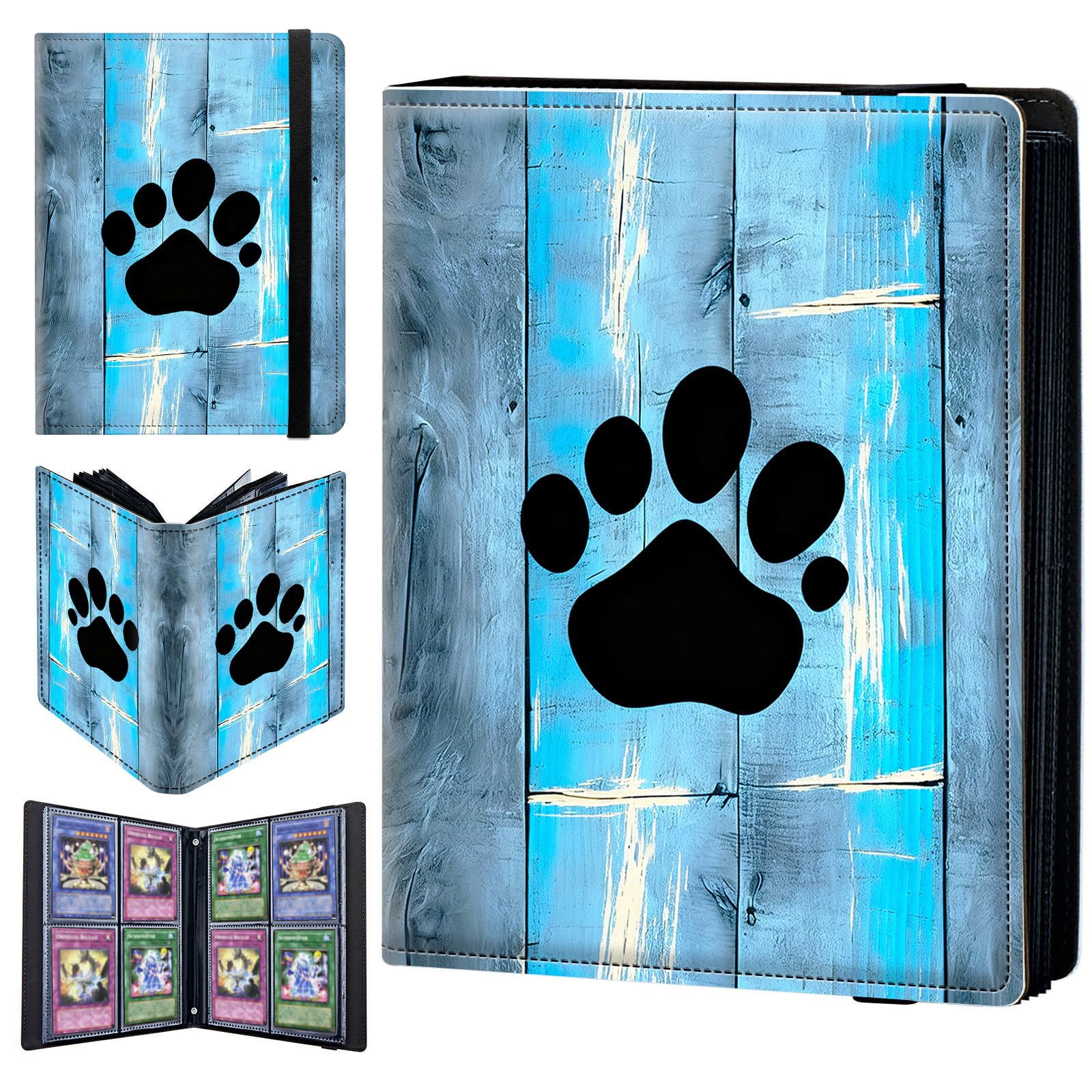 4 Pocket Trading Card Binder 320 Side Loading Pocket Album with Blue Wood and Dog Paws Pattern Design Card Binder for Sports Cards & Game Cards