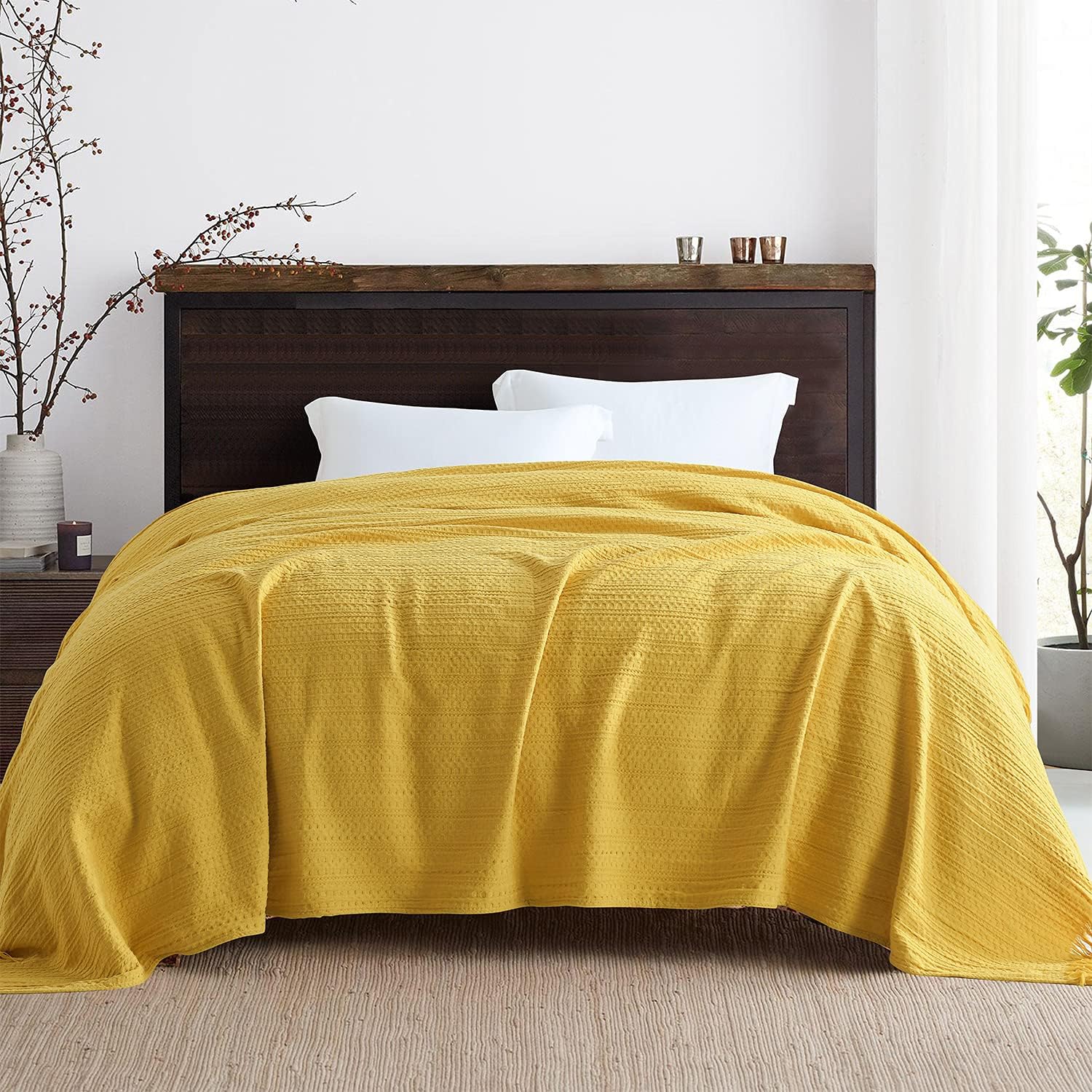 100 Cotton Throw Blanket, Waffle Woven Yellow Thin