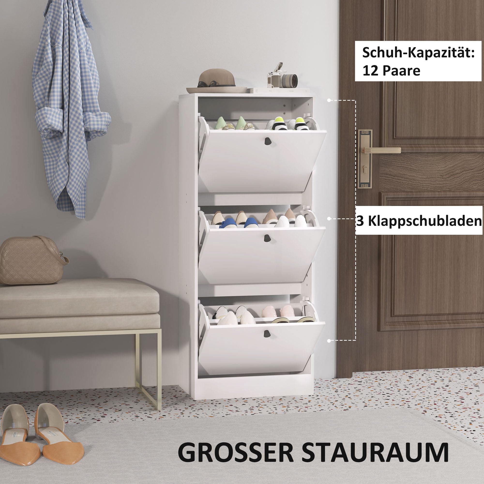 HOMCOM Schuhschrank mit 3 Klappen für 12 Paar Schuhe 47 x 28 x 115 cm Weiß