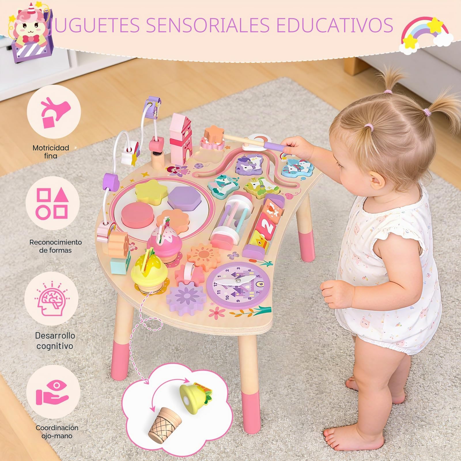Mesa Actividades Montessori de Madera 10 en 1 Unicornio 18m+ | Agarrar, Clasificar, Girar y Escuchar Apoya la Motricidad Fina con Tareas Simples