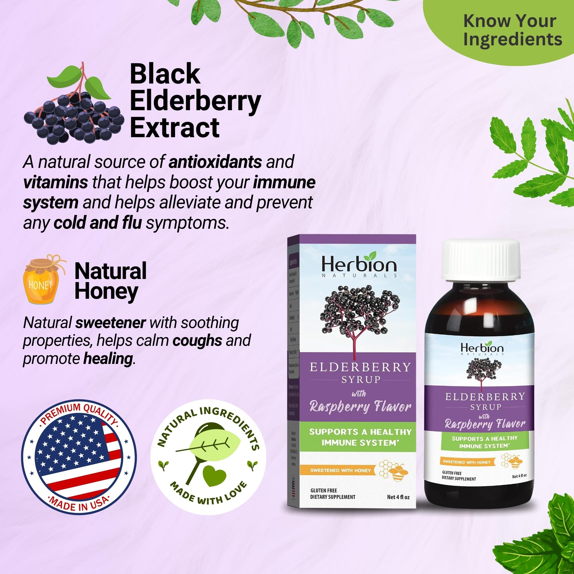 Herbion Naturals Vlierbessensiroop, honing gezoet met natuurlijke frambozensmaak, gemaakt in de VS, 4 FL Oz